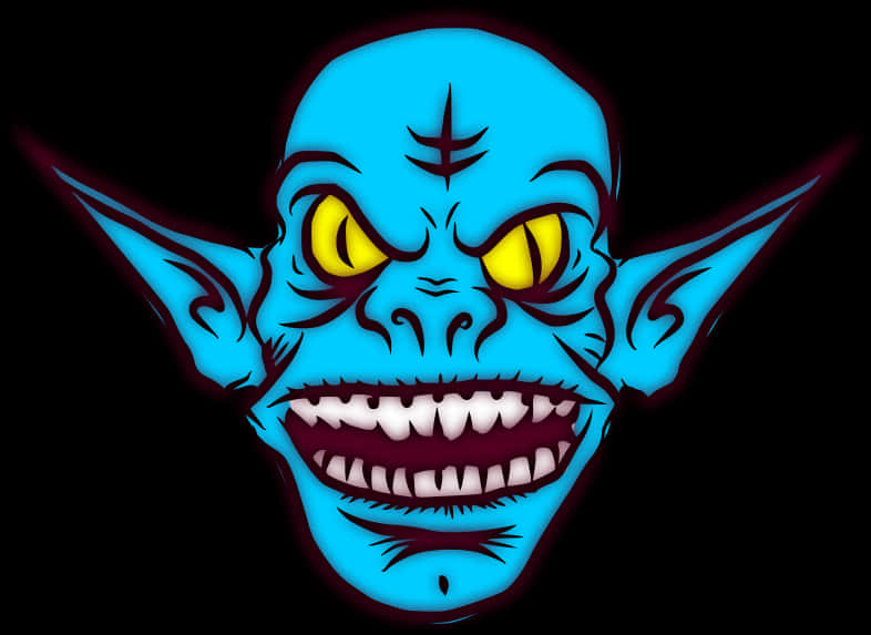 Creature 桌布 壁紙 — 一個帶有發光黃色眼睛和尖銳牙齒的威脅性藍色哥布林面孔，背景為黑色。