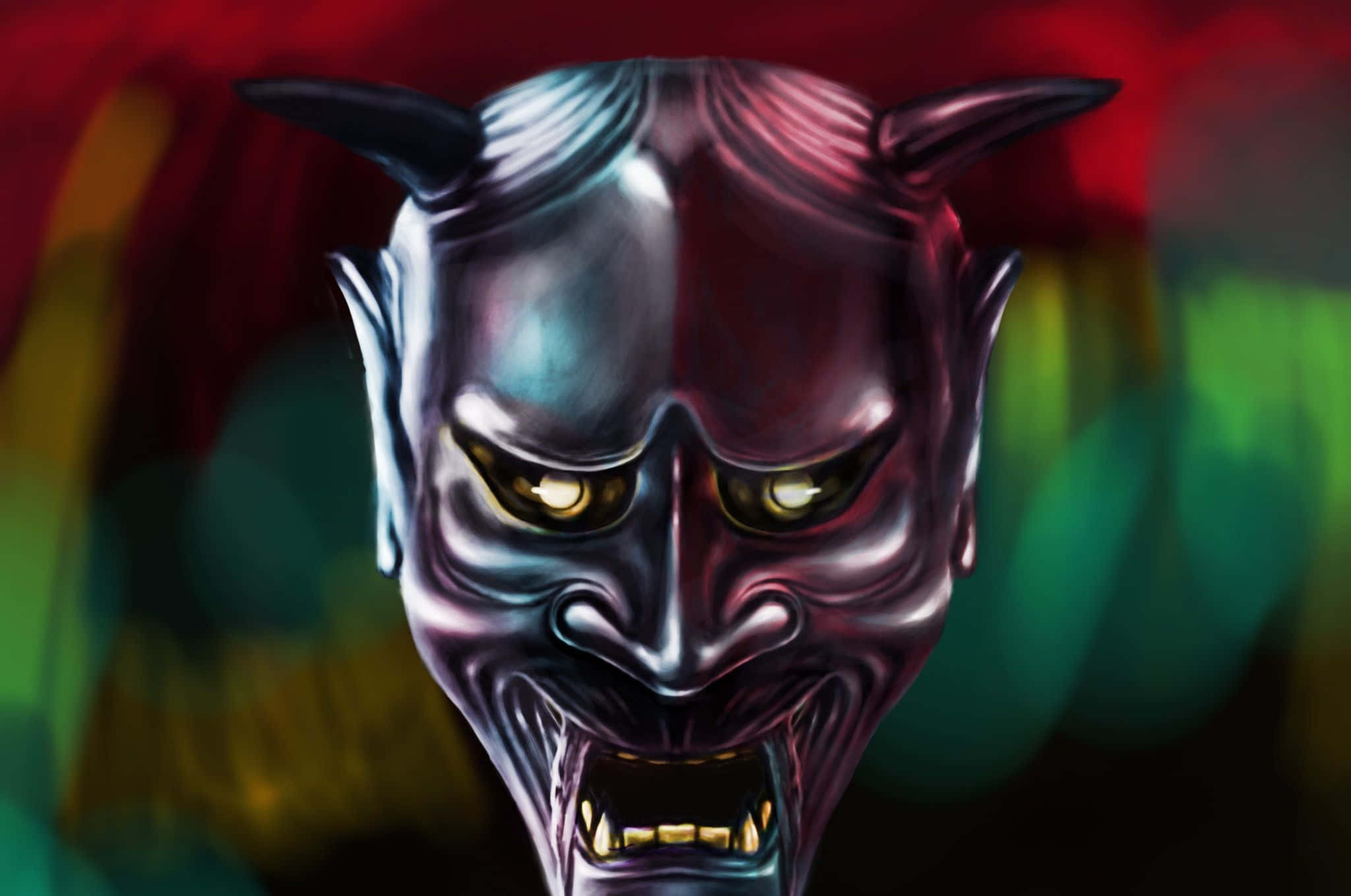 Yokai 桌布 壁紙 — 一個帶有發光黃色眼睛和尖銳牙齒的威嚇性日本鬼面具，背景為模糊的多色背景。