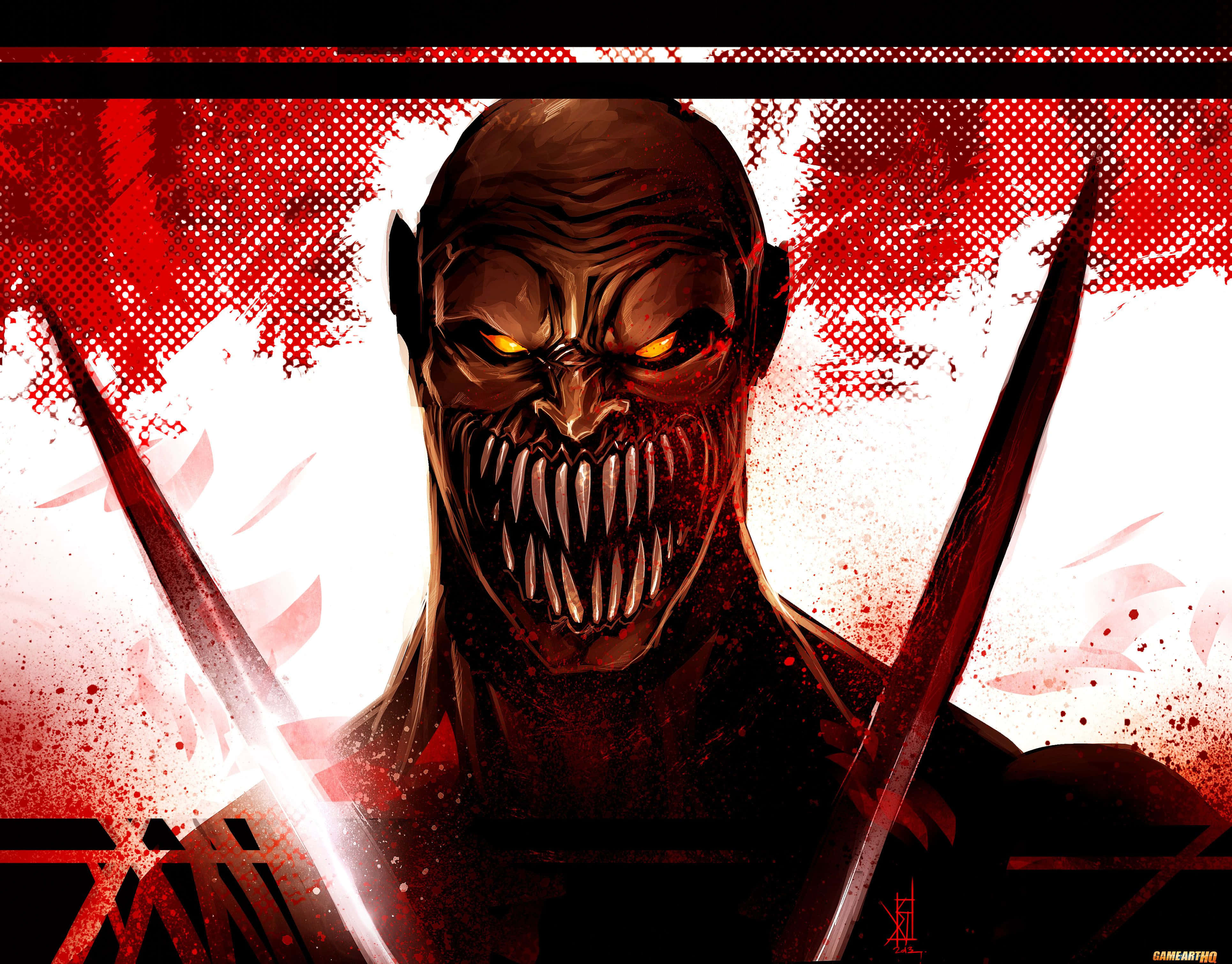 Mortal Kombat Baraka 桌布 壁紙 — 一個帶有發光黃色眼睛和尖銳牙齒的威脅性動漫怪物，在紅色和白色飛濺的背景中握著兩把劍。