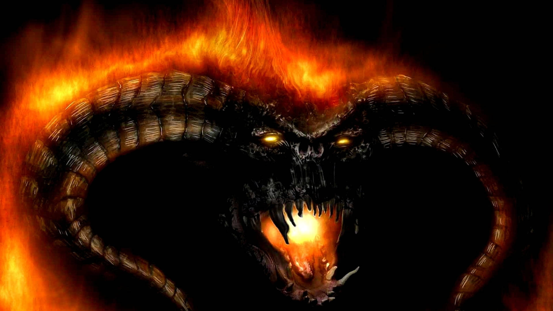 發光眼睛、張嘴噴火的火焰惡魔。 — 惡魔 壁紙
