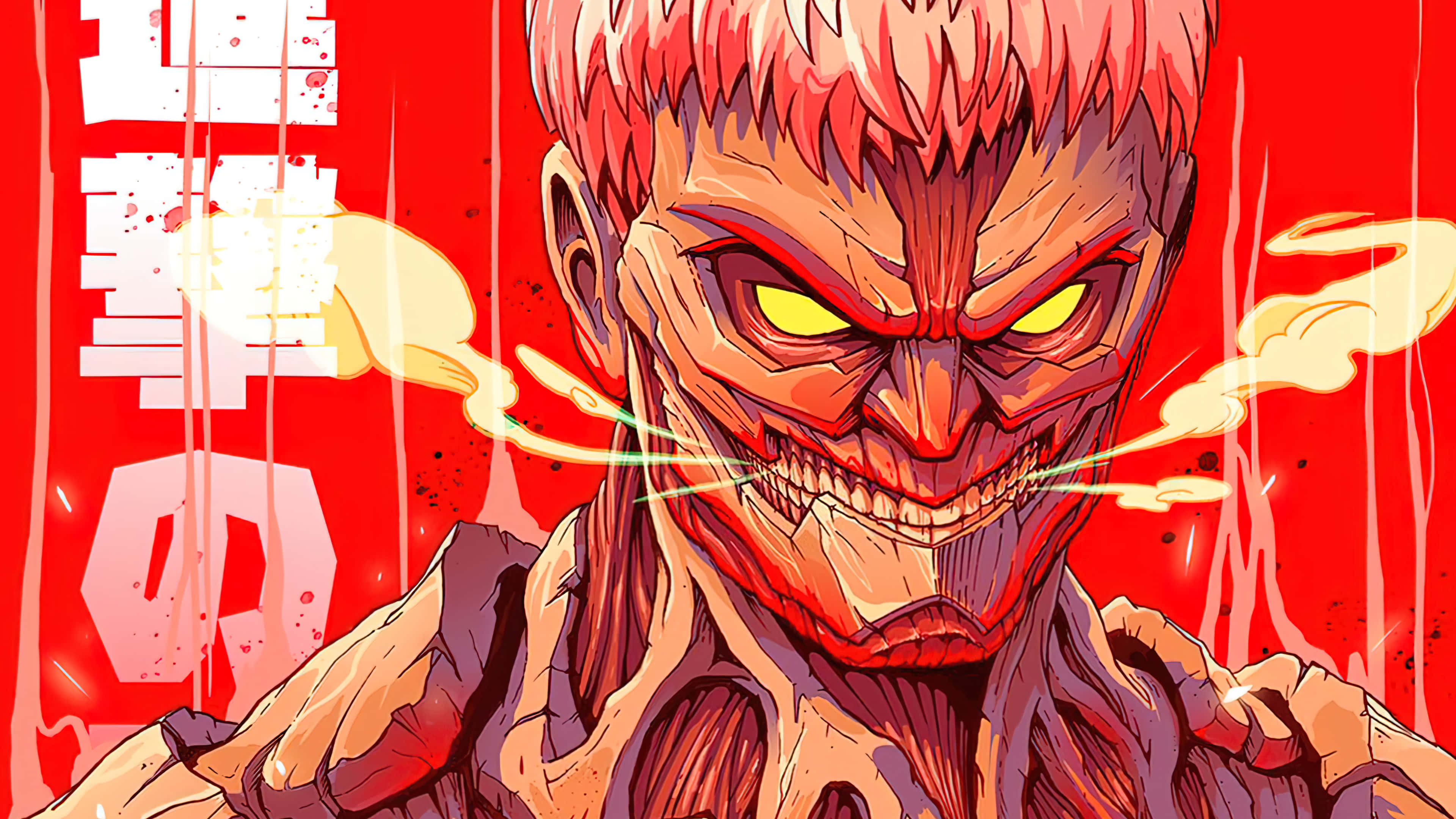 Armored Titan 桌布 壁紙 — 一個帶有發光黃色眼睛和火焰呼吸的威脅性動漫巨人，背景是血紅色。
