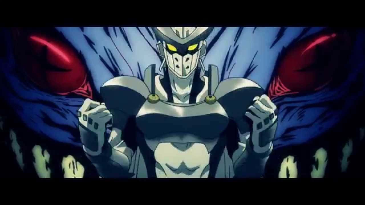 Animated 桌布 壁紙 — 一個帶有發光黃色眼睛和紅色能量翅膀的威脅性動漫機器人，以黑暗、戲劇性的姿勢站立。