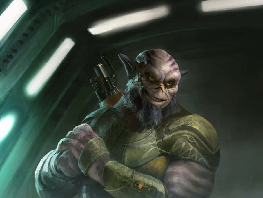 Zeb Orrelios 桌布 壁紙 — 一個帶有發光黃色眼睛和紫色皮膚的威脅性外星戰士，在昏暗的太空船走廊中緊握著一把爆能槍。