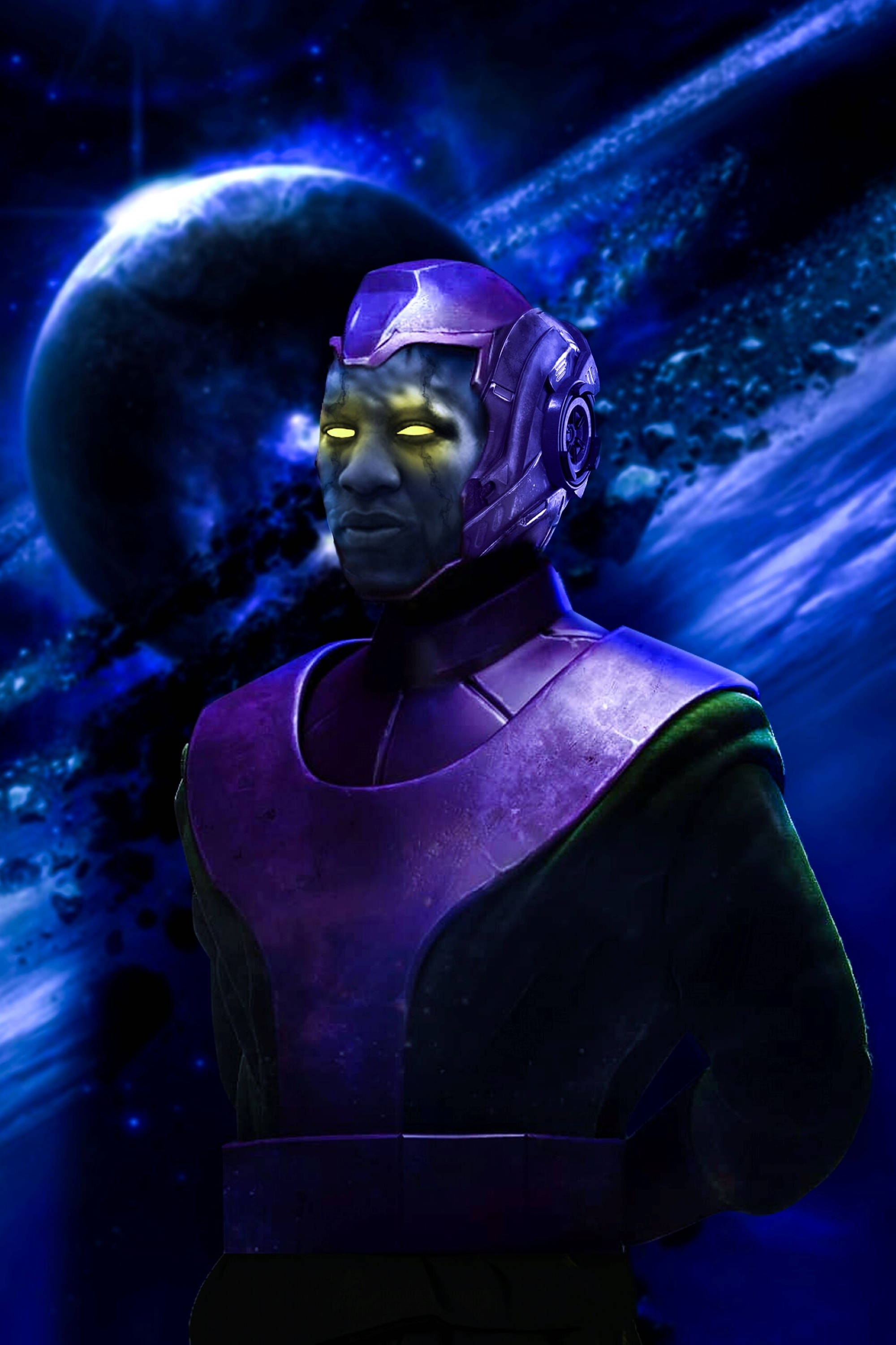 Conqueror 桌布 壁紙 — 一個帶有發光黃色眼睛和紫色盔甲的威脅性宇宙人物，站在旋轉的藍色星雲和遙遠行星前。