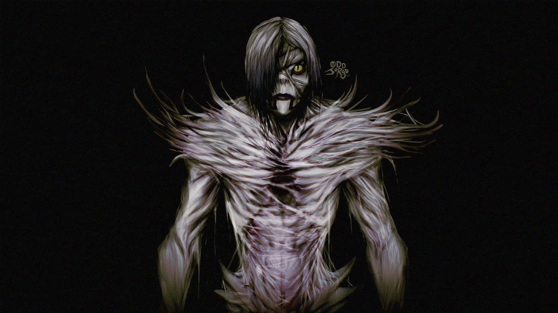 Death Note Rem 桌布 壁紙 — 一個帶有發光黃色眼睛和羽毛狀撕裂皮膚的威脅性動漫風格生物，站在黑色背景前。