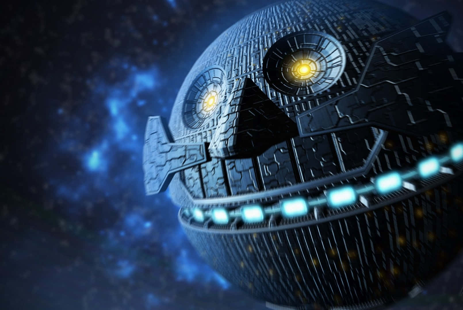 Death Egg 桌布 壁紙 — 一個帶有發光黃色眼睛和藍色燈光的威脅性死星，背景是星光燦爛的宇宙。