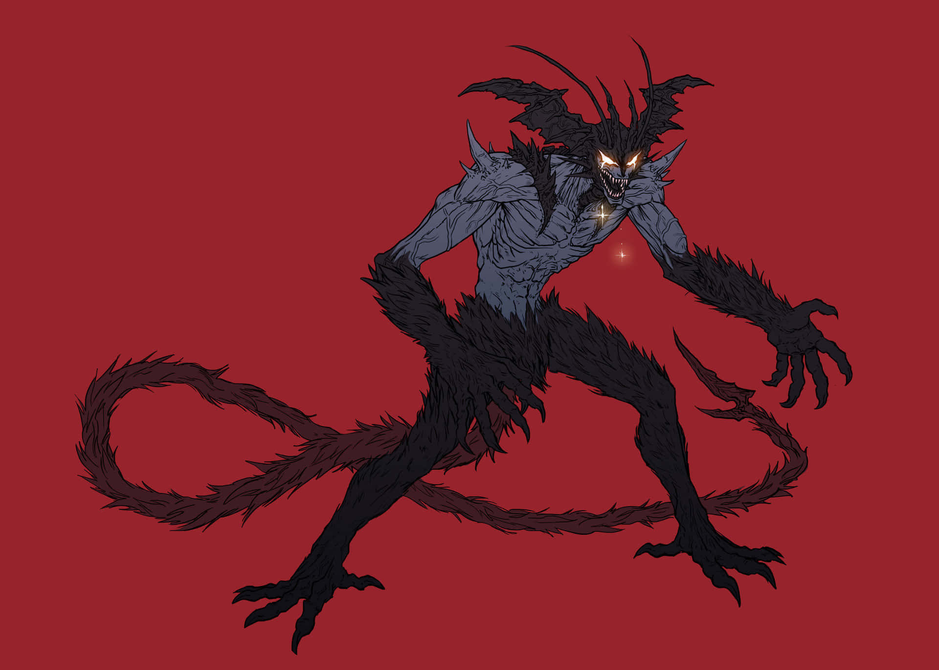 Devilman Crybaby 桌布 壁紙 — 一個帶有發光黃色眼睛和蝙蝠狀翅膀的威脅性黑色惡魔，蹲在純紅色背景前。