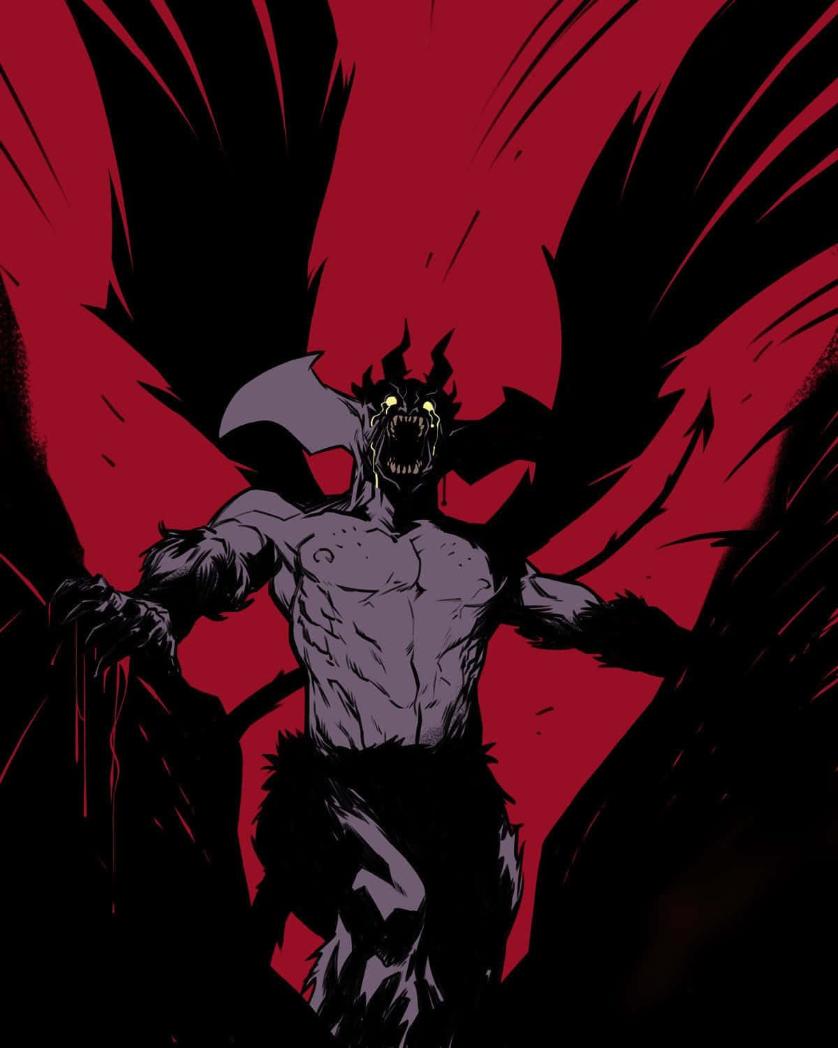 Devilman Crybaby 桌布 壁紙 — 一個帶有發光黃色眼睛和蝙蝠翅膀的威脅性惡魔形象，在鮮紅色背景上咆哮。