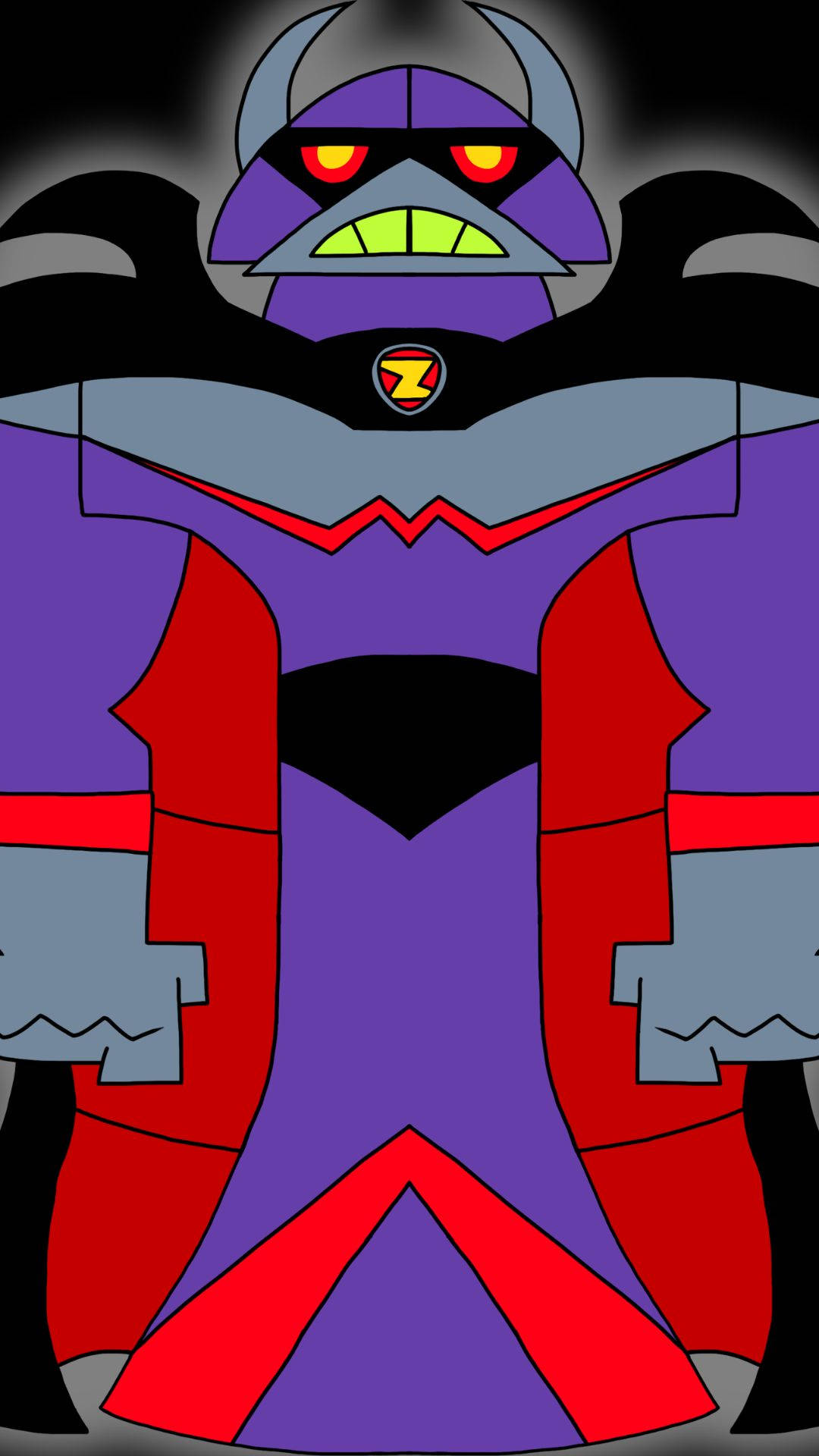 emperor zurg 桌布 壁紙 — 一個帶有發光黃色眼睛和角狀頭盔的威脅性紫色和紅色動畫反派站在黑暗背景前。