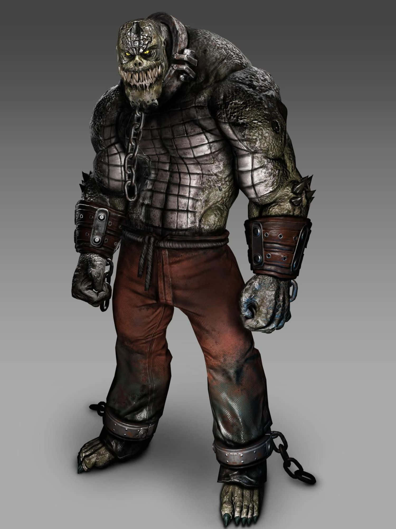 Killer Croc 桌布 壁紙 — 一個帶有發光黃色眼睛和鎖鏈的威脅性裝甲怪物，站在純灰色背景前。