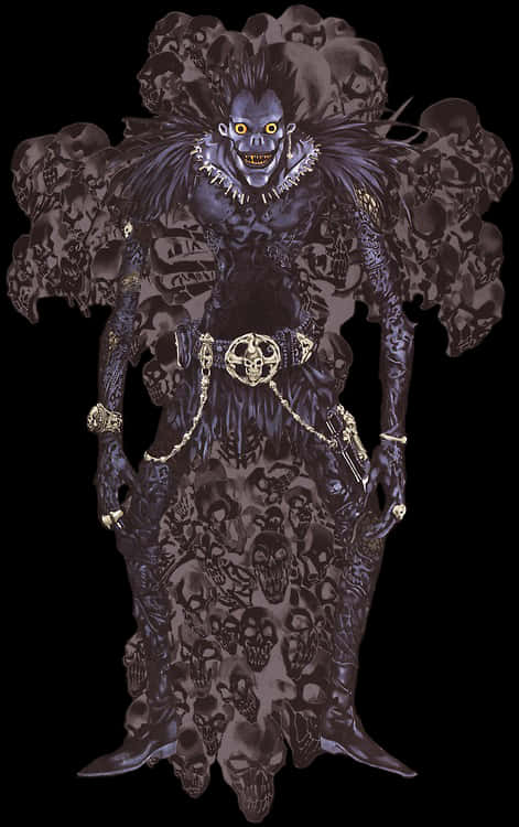 Death Note Ryuk 桌布 壁紙 — 一個帶有發光黃色眼睛和骷髏裝飾長袍的威脅性深藍色骷髏人物，站在黑色背景前。