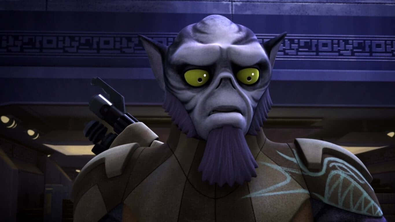 Zeb Orrelios 桌布 壁紙 — 一個帶有發光黃色眼睛和鬍鬚的威脅性紫色外星人，在昏暗的科幻走廊中手持爆能槍。
