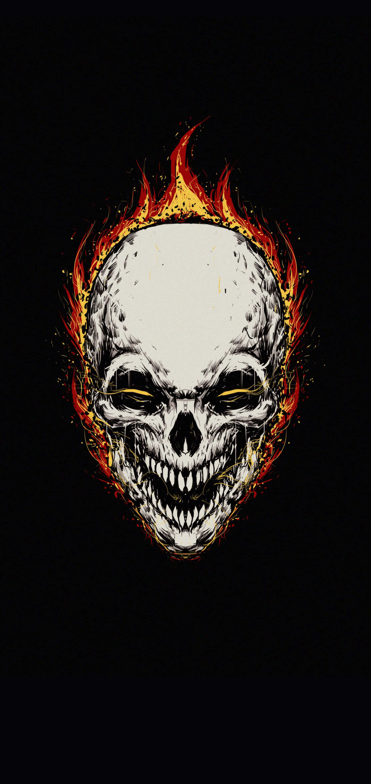 Galaxy Skull 桌布 壁紙 — 一個帶有發光黃色眼睛的威脅性火焰骷髏，置於嚴峻的黑色背景上。