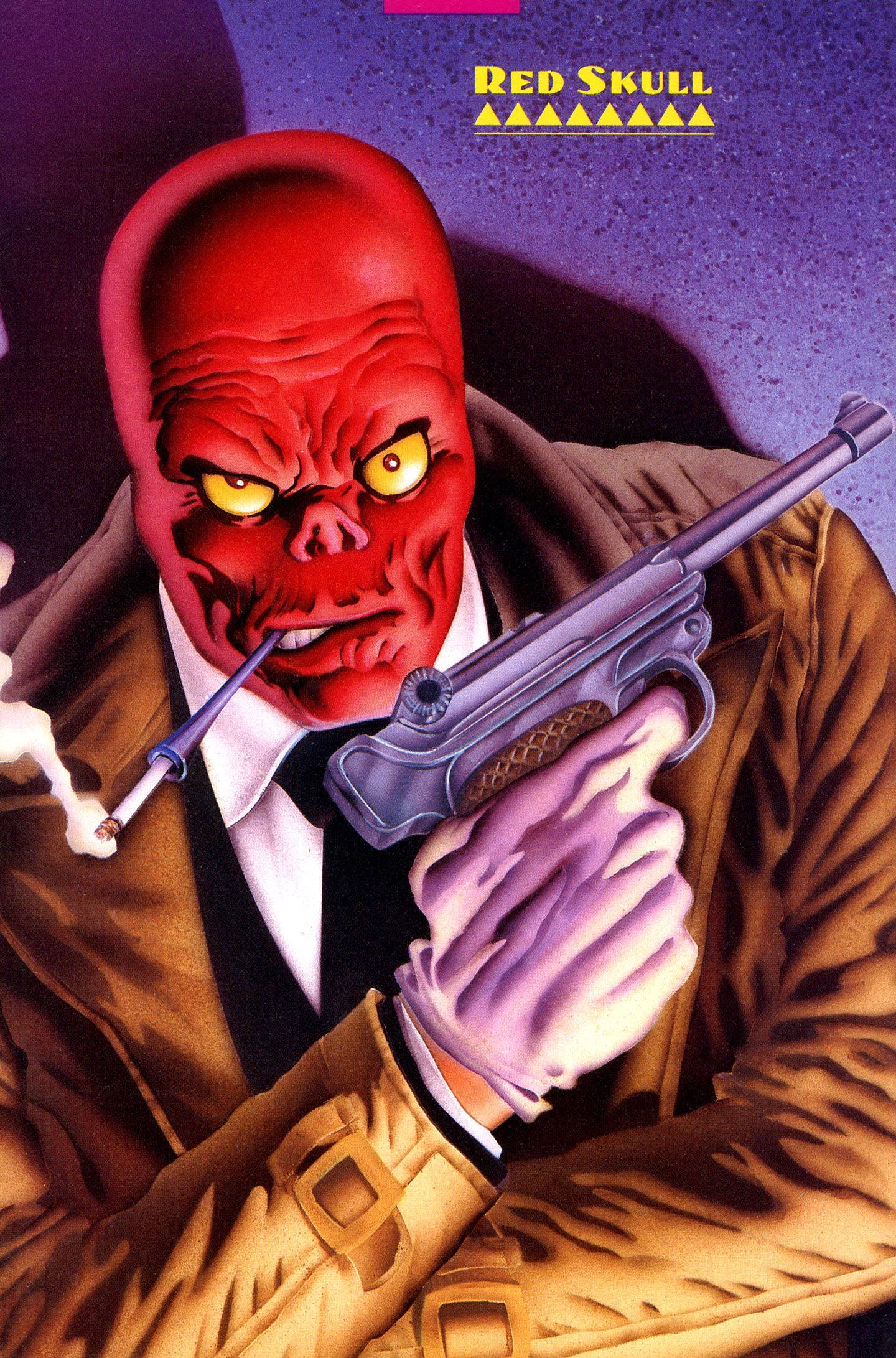 Red Skull 桌布 壁紙 — 一個帶有發光黃色眼睛的威脅性紅色骷髏反派，在戲劇性的紫色場景中抽煙並手持手槍。