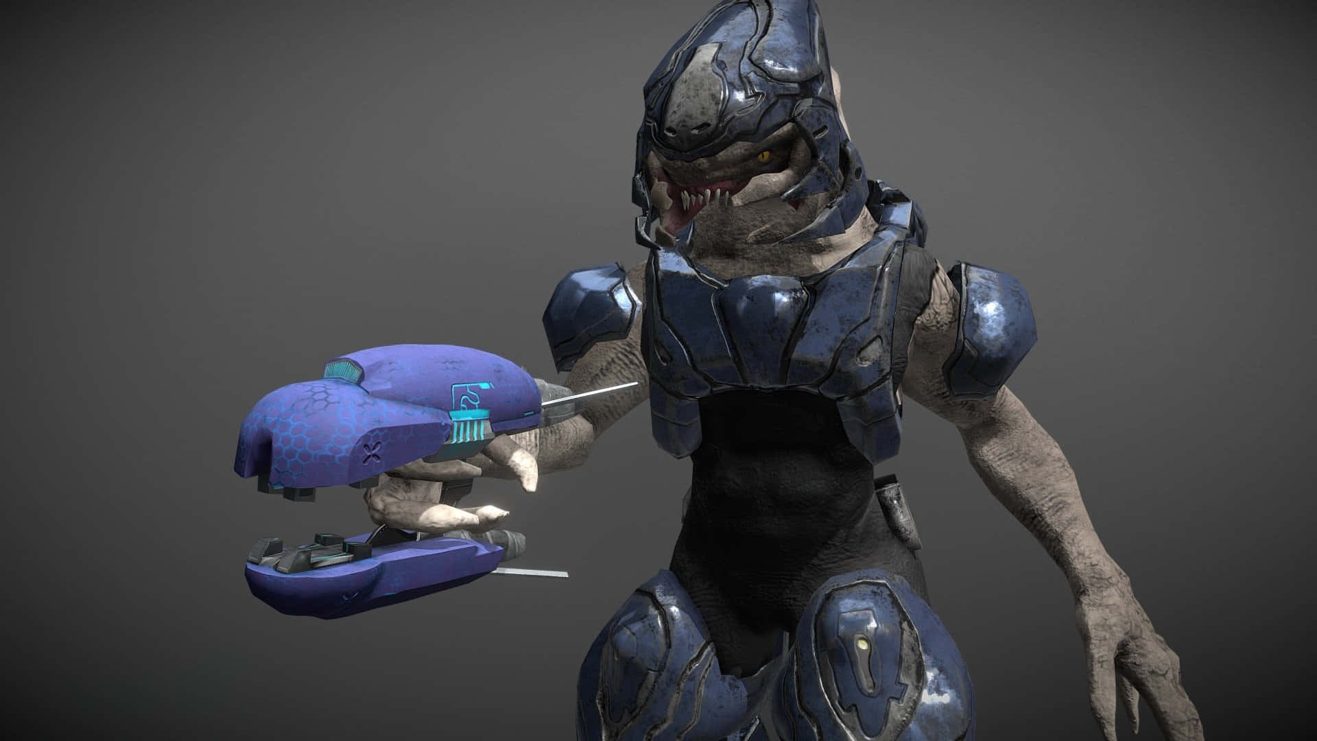 Sangheili 桌布 壁紙 — 一個帶有發光黃色眼睛的威脅性裝甲外星戰士，在純灰色背景上握著一把未來感的紫色武器。