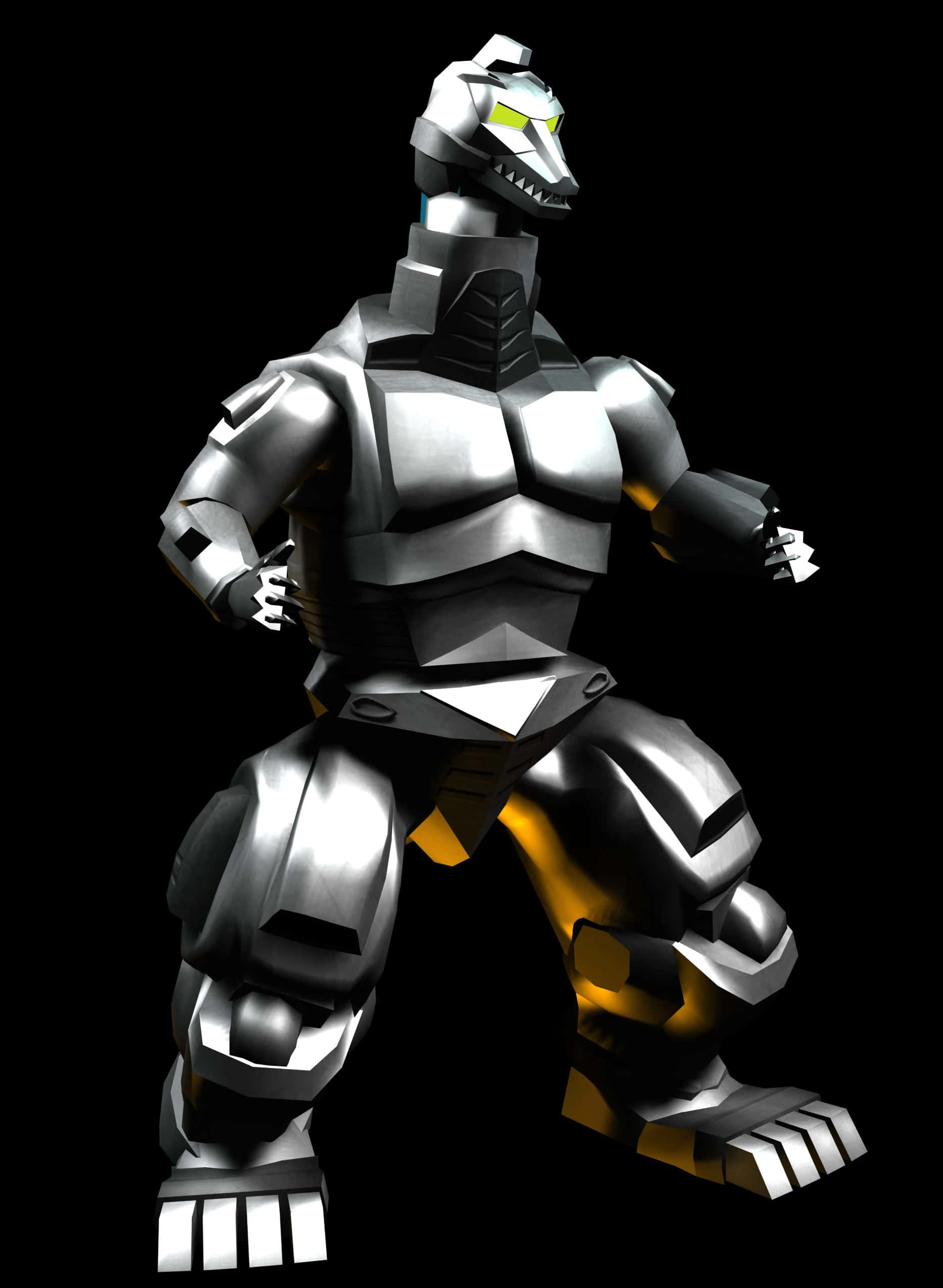 mechagodzilla 桌布 壁紙 — 一個帶有發光黃色眼睛的威脅性銀色和金色裝甲機器人，在黑色背景下以強有力的姿勢站立。