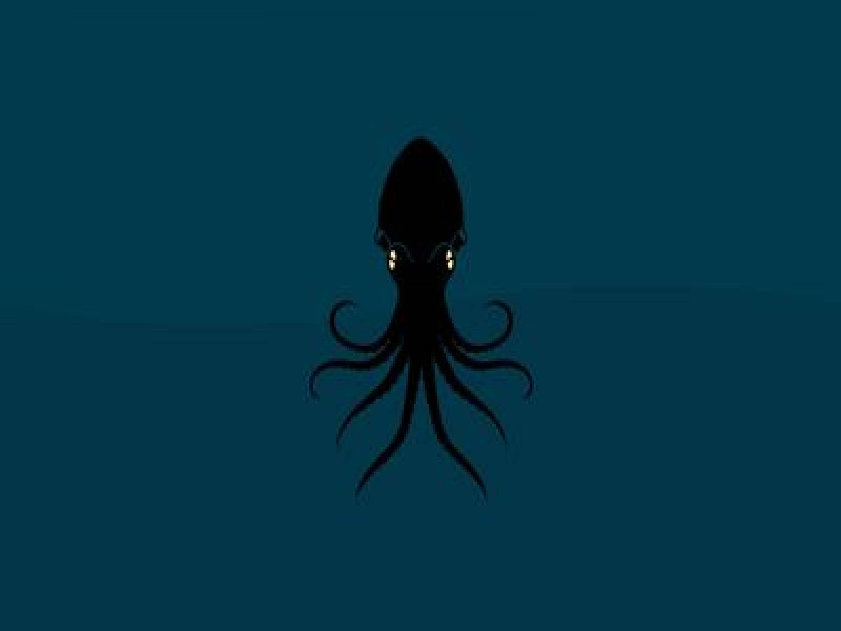 Swimming 桌布 壁紙 — 一個帶有發光黃色眼睛的威脅性黑色魷魚剪影，從深藍綠色海洋中向上凝視。
