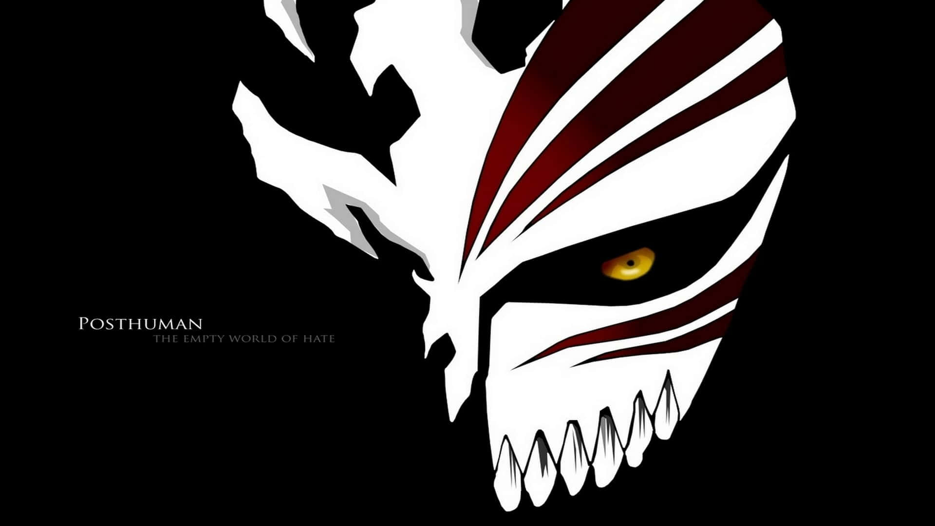 Bleach Anime 桌布 壁紙 — 一個帶有發光黃色眼睛的白色和紅色條紋面具，在黑色背景上凝視著，顯得威嚇。
