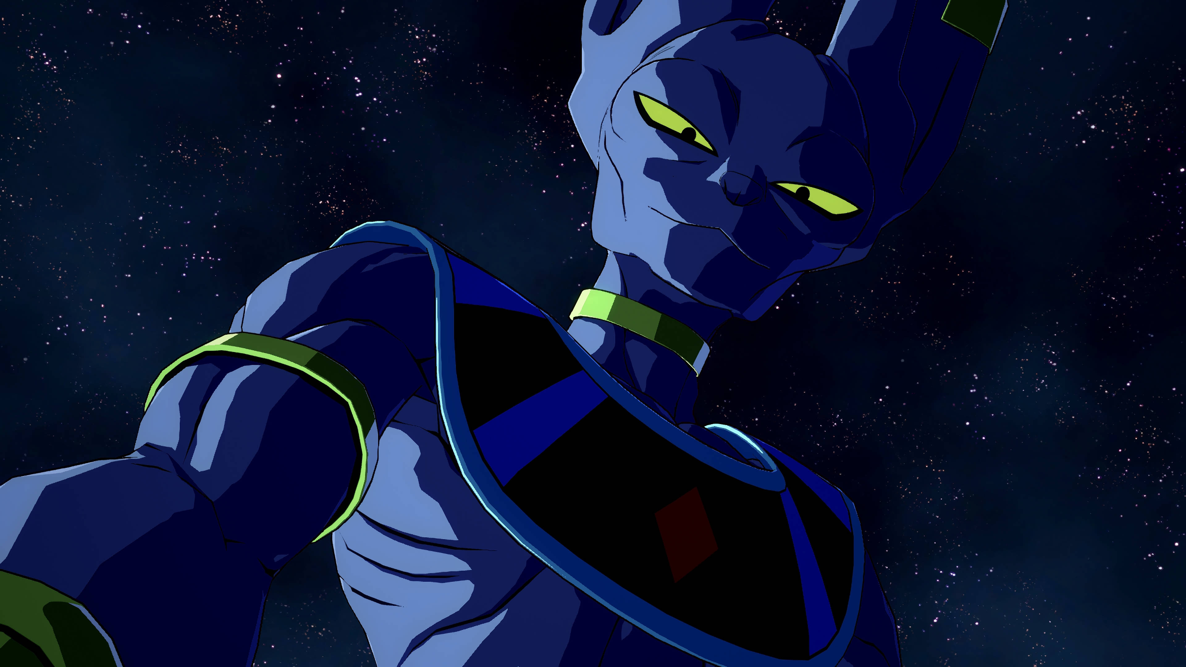 Beerus 桌布 壁紙 — 一個帶有發光黃色眼睛的藍色皮膚動漫角色，在星空宇宙背景下強烈凝視。
