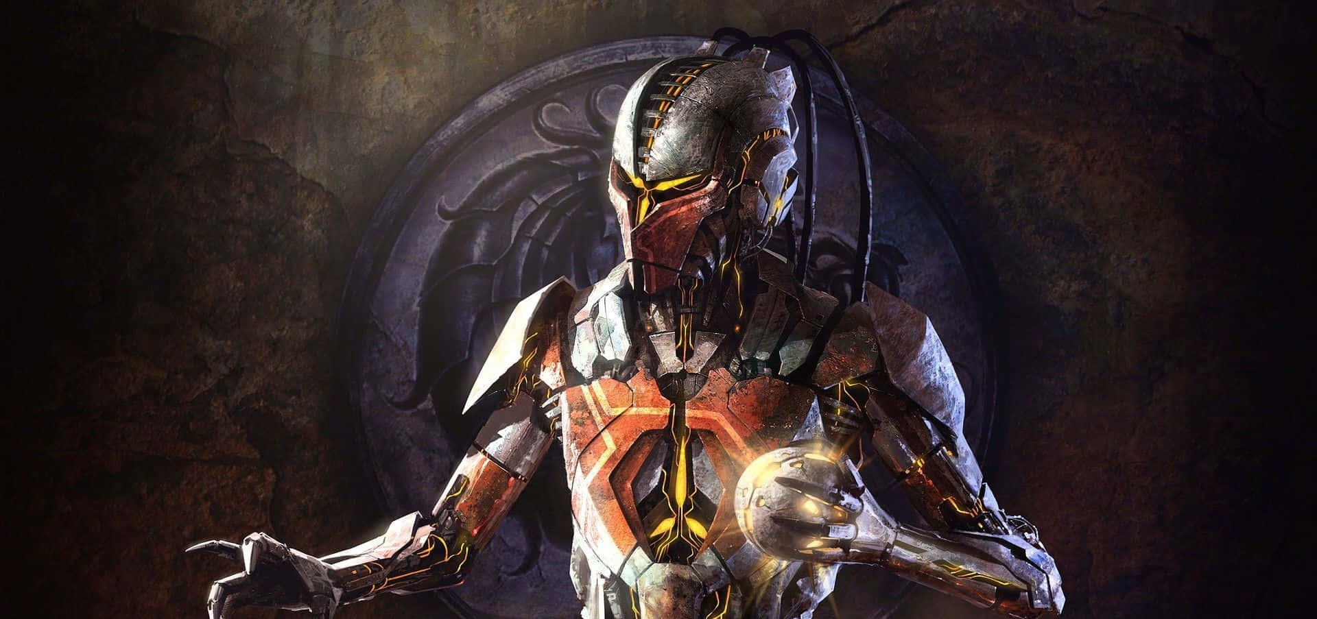 Mortal Kombat Cyrax 桌布 壁紙 — 一個帶有發光黃色點綴的威嚇裝甲戰士，在黑暗的石室中手持發光球體。