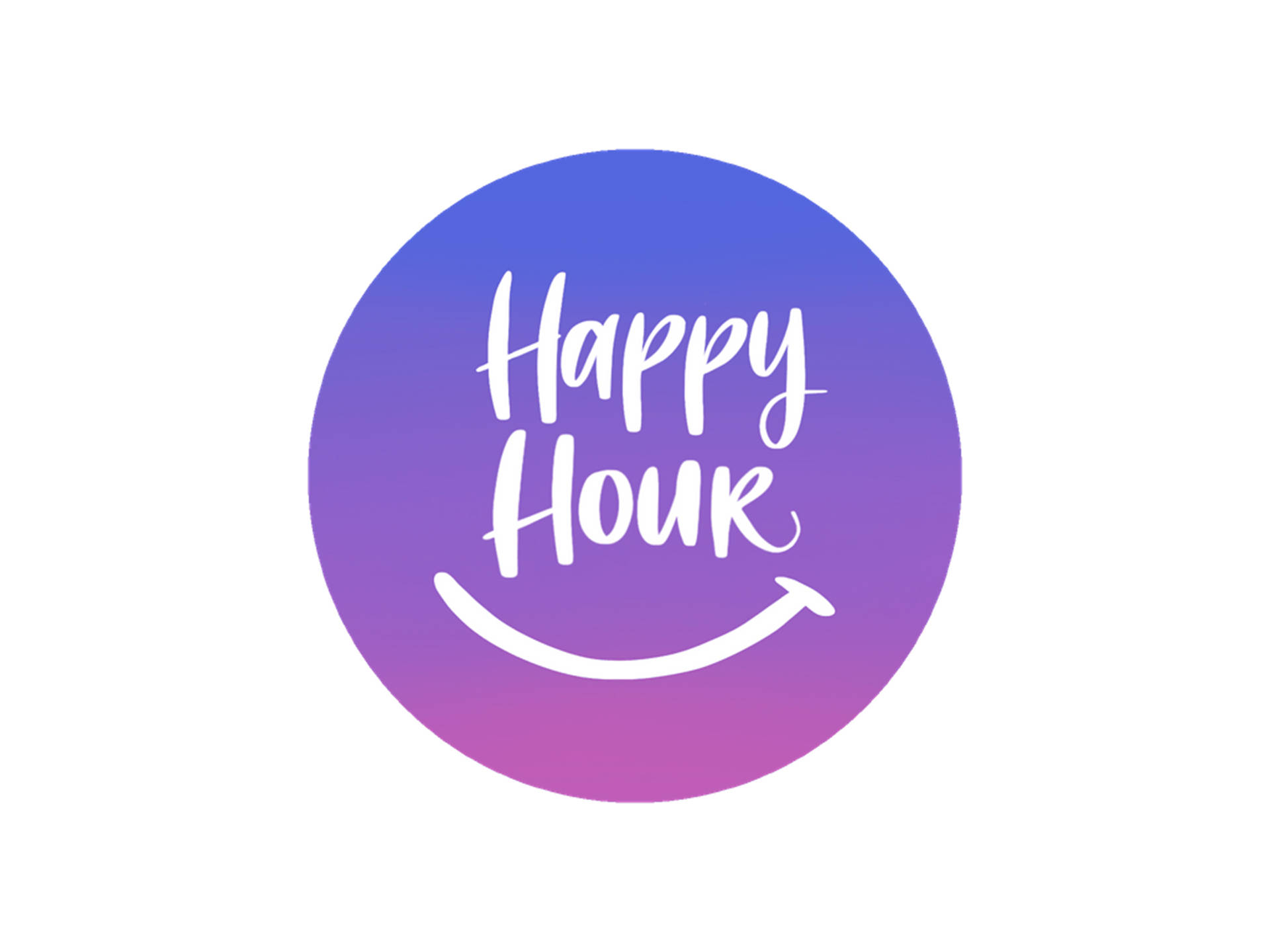 Hour 桌布 壁紙 — 一個帶有白色「Happy Hour」文字和微笑箭頭設計的愉快紫色漸變圓圈。