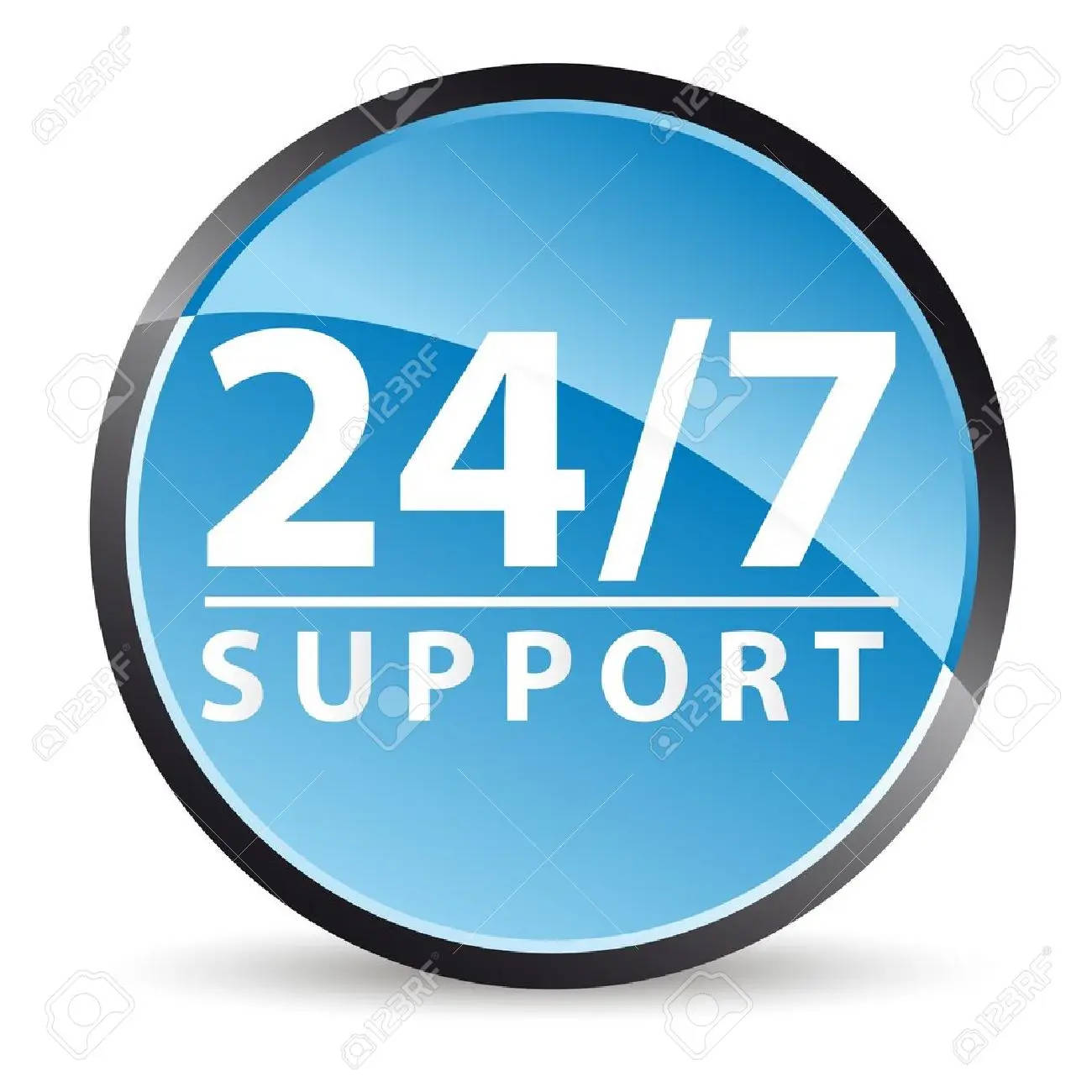 Circle 桌布 壁紙 — 一個帶有白色24/7支援文字和黑色邊框的亮面藍色圓形按鈕，背景為白色。