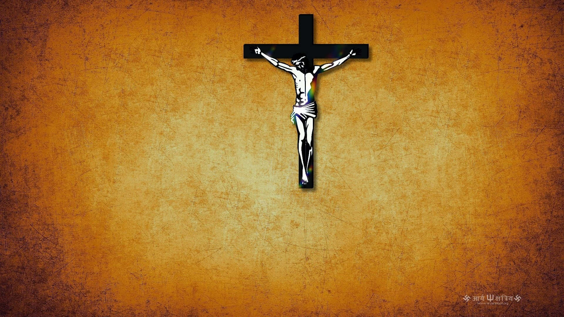 Catholic Desktop 桌布 壁紙 — 一個帶有白色人像的黑色十字架，懸掛在帶有紋理的暖橙色背景中央。