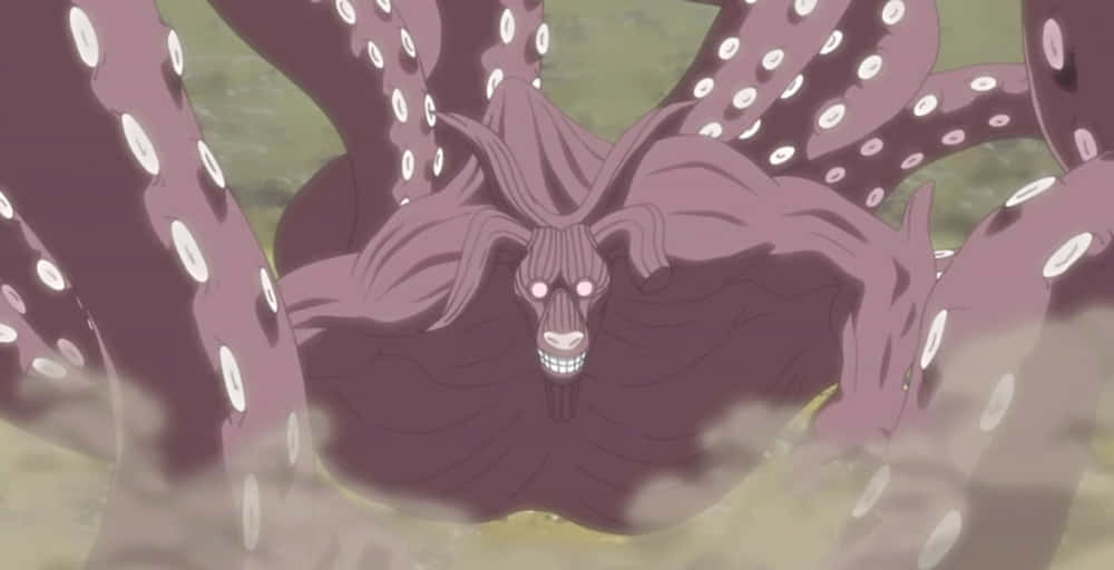 Gyuki 桌布 壁紙 — 一個帶有白色吸盤和發光眼睛的威脅性紫色章魚狀動漫怪物從渾水中出現。