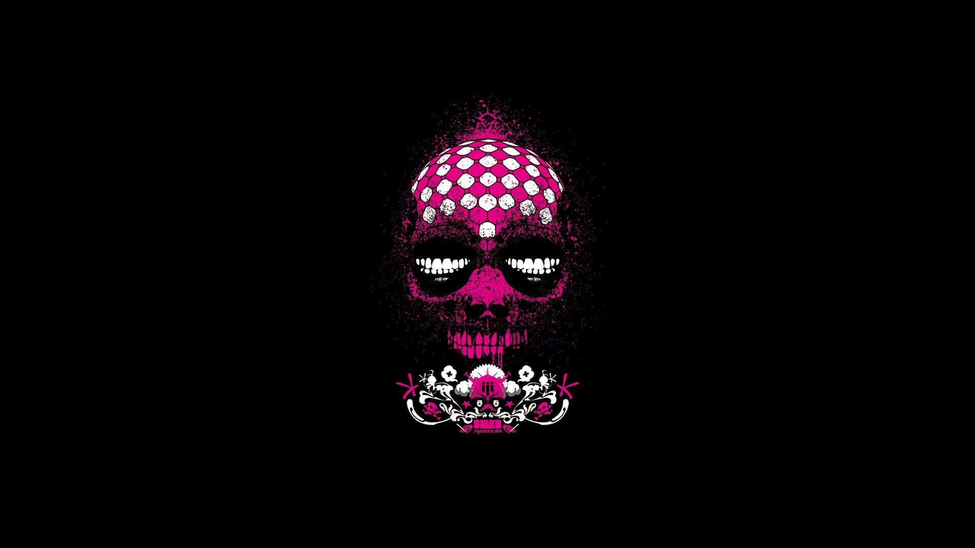Pink Skull 桌布 壁紙 — 一個帶有白色圓點和花卉裝飾的鮮豔粉紅色骷髏頭，在純黑色背景上格外突出。