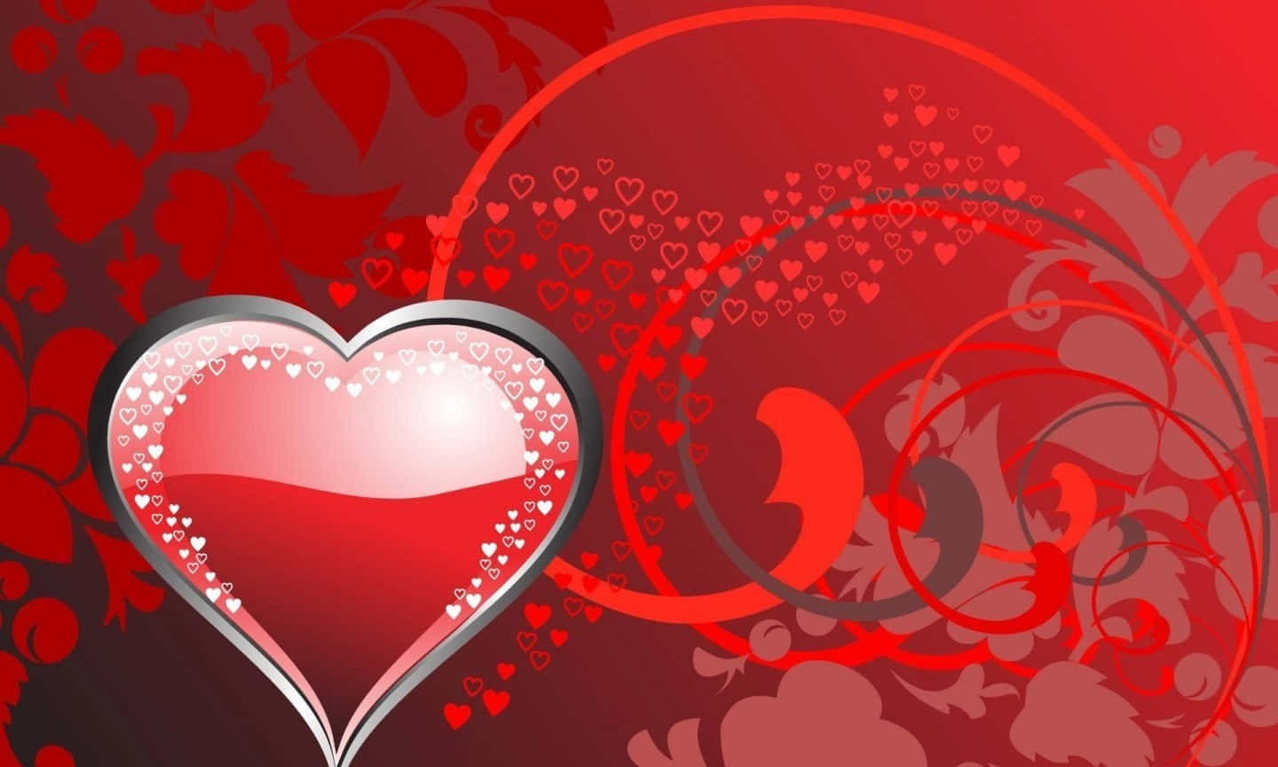 Red Heart 桌布 壁紙 — 一個帶有白色心形邊框的光澤紅色心形，在漸變紅色背景上漂浮於旋轉的紅色花卉圖案和漂浮的心形之間。