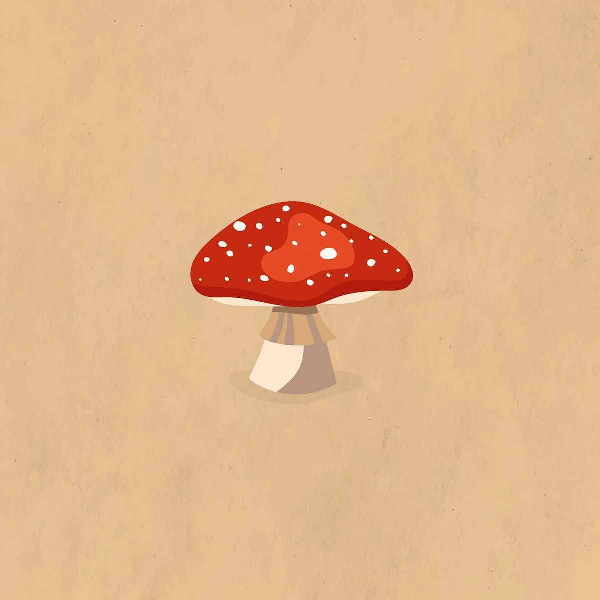 Mushroom Aesthetic 桌布 壁紙 — 一個帶有白色斑點的風格化紅色蘑菇，居中放置在帶有紋理的米色背景上。
