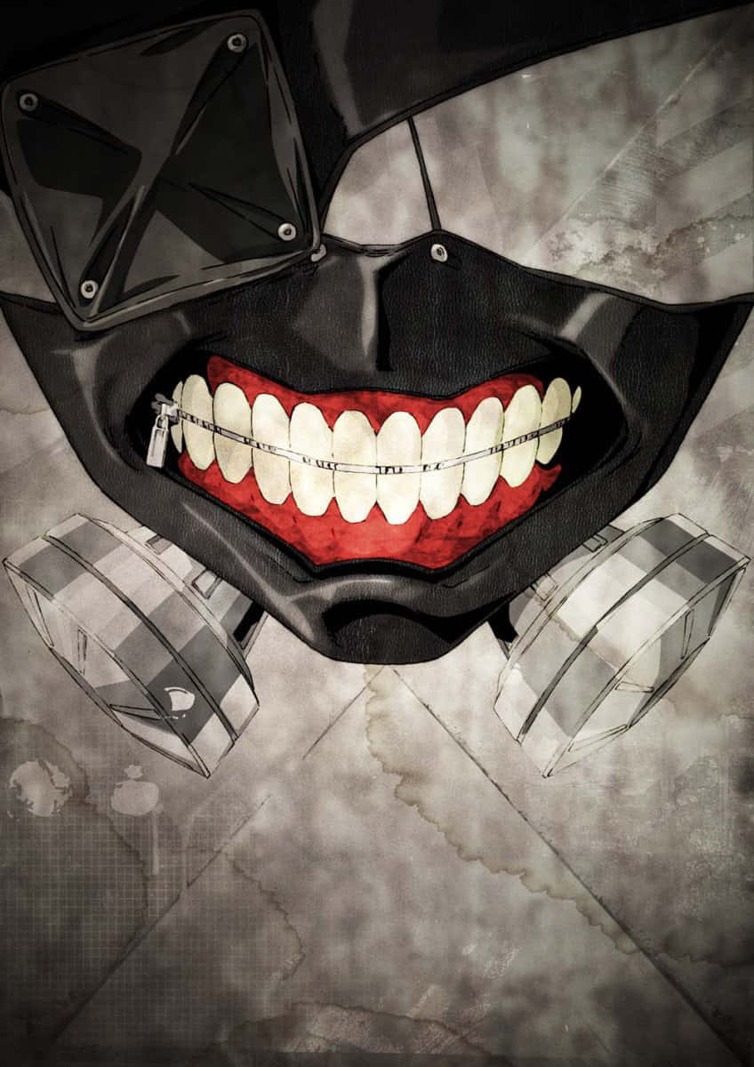 Kaneki's Mask 桌布 壁紙 — 一個帶有白色牙齒和紅色牙齦咧嘴笑的可怖黑色防毒面具，置於粗糙灰色混凝土背景上。