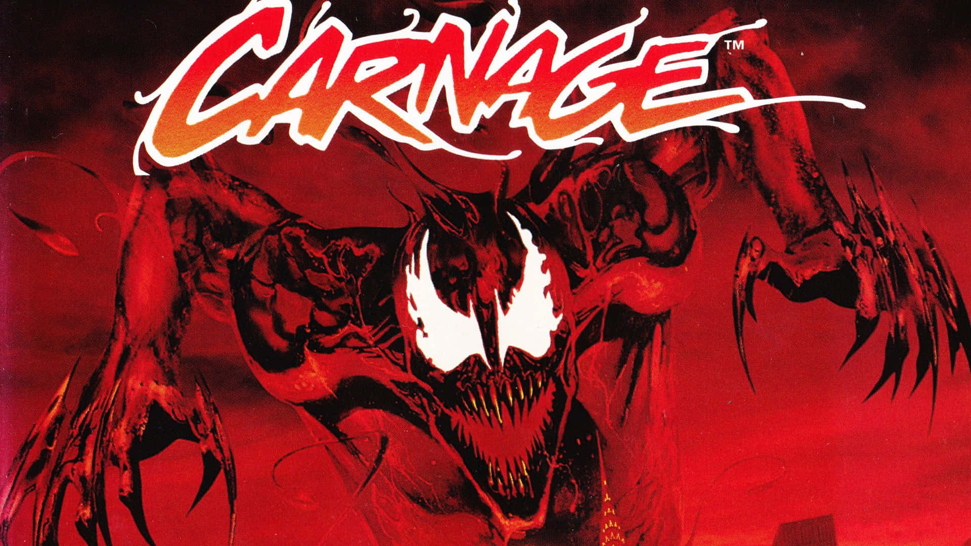 Maximum Carnage 桌布 壁紙 — 一個帶有白色眼睛和尖銳牙齒的威脅性屠殺角色在血紅色背景上咆哮。