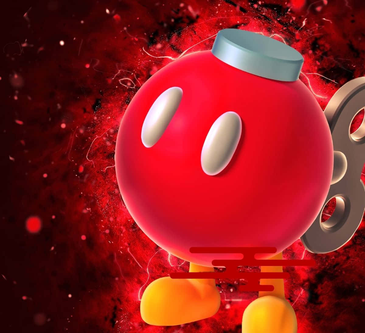 Bob-omb 桌布 壁紙 — 一個帶有白色眼睛和黃色腳的亮紅色炸彈角色，站在動態的紅色爆炸背景前。