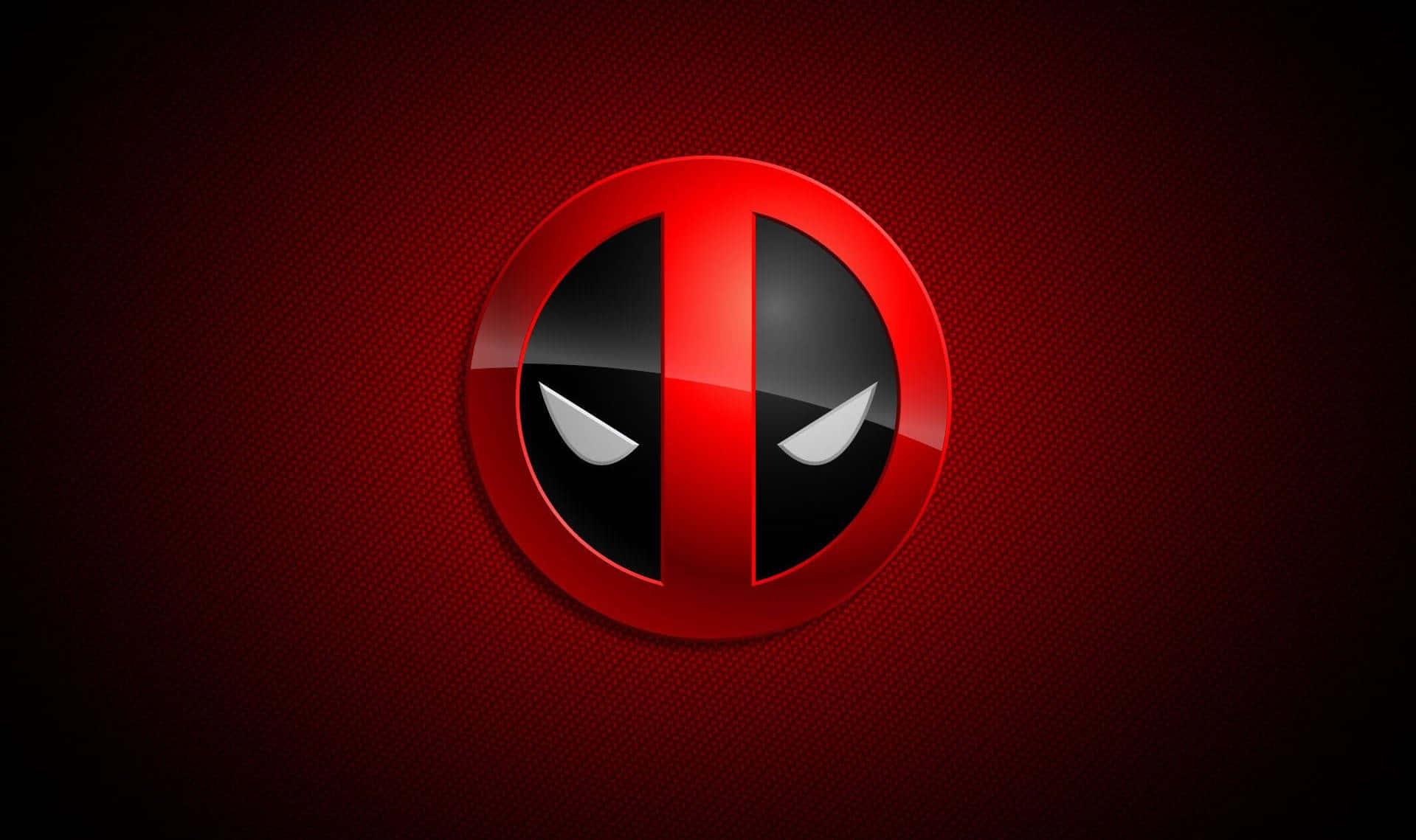Black Deadpool 桌布 壁紙 — 一個帶有白色眼睛的亮面紅色死侍標誌，居中於有紋理的深紅色漸變背景上。