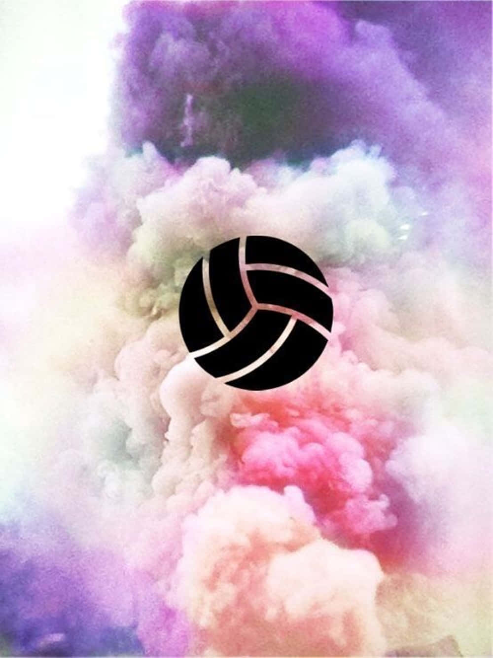 volleyball 4K 桌布 壁紙 — 一個帶有白色縫線的黑色排球漂浮在粉紅色、紫色和白色的漩渦粉彩雲中。