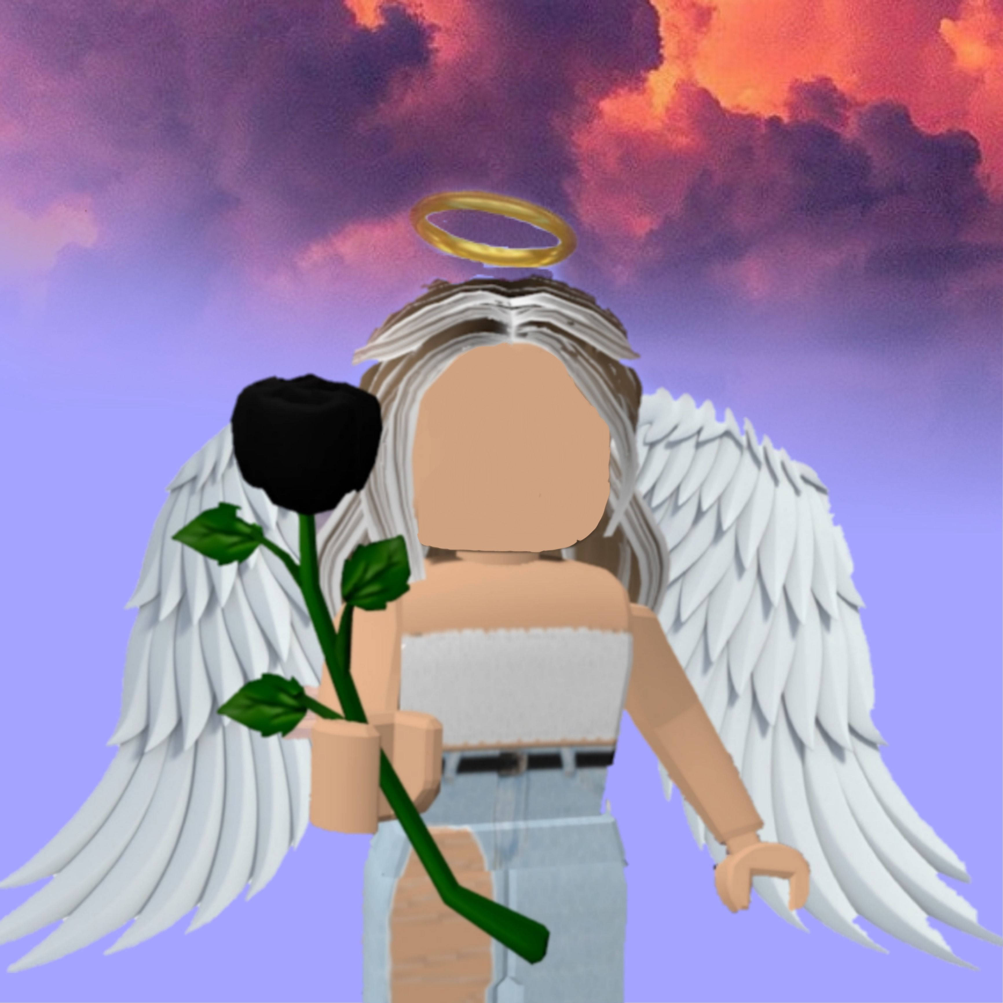 Roblox Girl 桌布 壁紙 — 一個帶有白色翅膀和光環的 Roblox 天使形象，在充滿活力的紫色和橙色天空下手持一朵黑玫瑰。