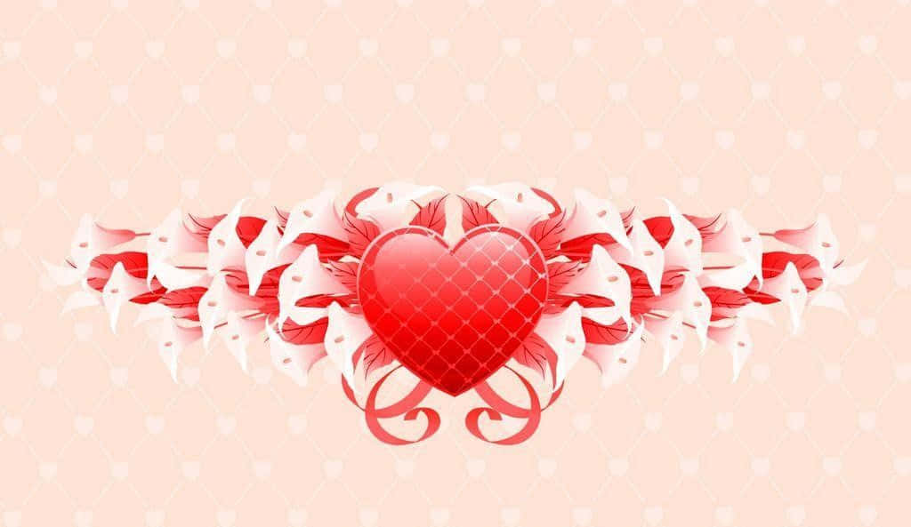 Cute Love Heart 桌布 壁紙 — 一個帶有白色花卉漩渦和鑽石網格圖案的亮面紅色心形，置於帶有微妙心形圖案的柔和粉紅色背景中央。