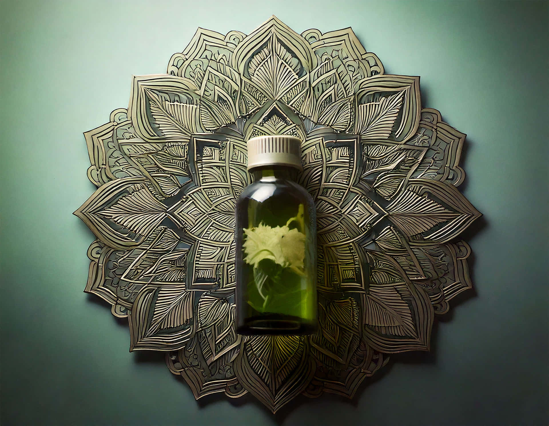 Herbal Vial 壁紙 — 一個帶有白色蓋子和內部保存白色花朵的玻璃瓶，放置在一個裝飾性的金屬曼陀羅上，背景是青綠色牆壁。