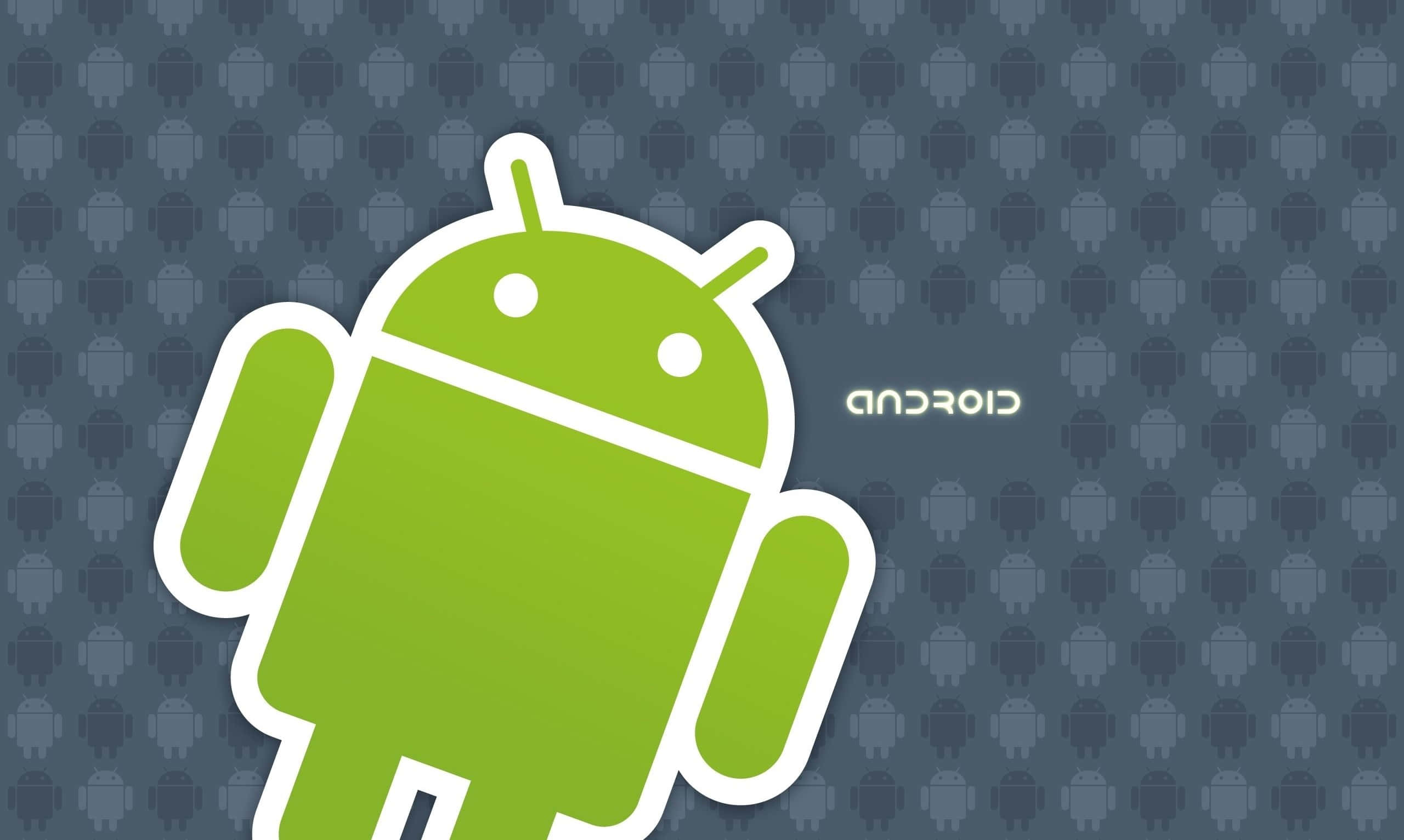 Android Computer 桌布 壁紙 — 一個帶有白色輪廓的大型綠色Android機器人吉祥物，在較小灰色Android圖標的重複圖案背景上脫穎而出。