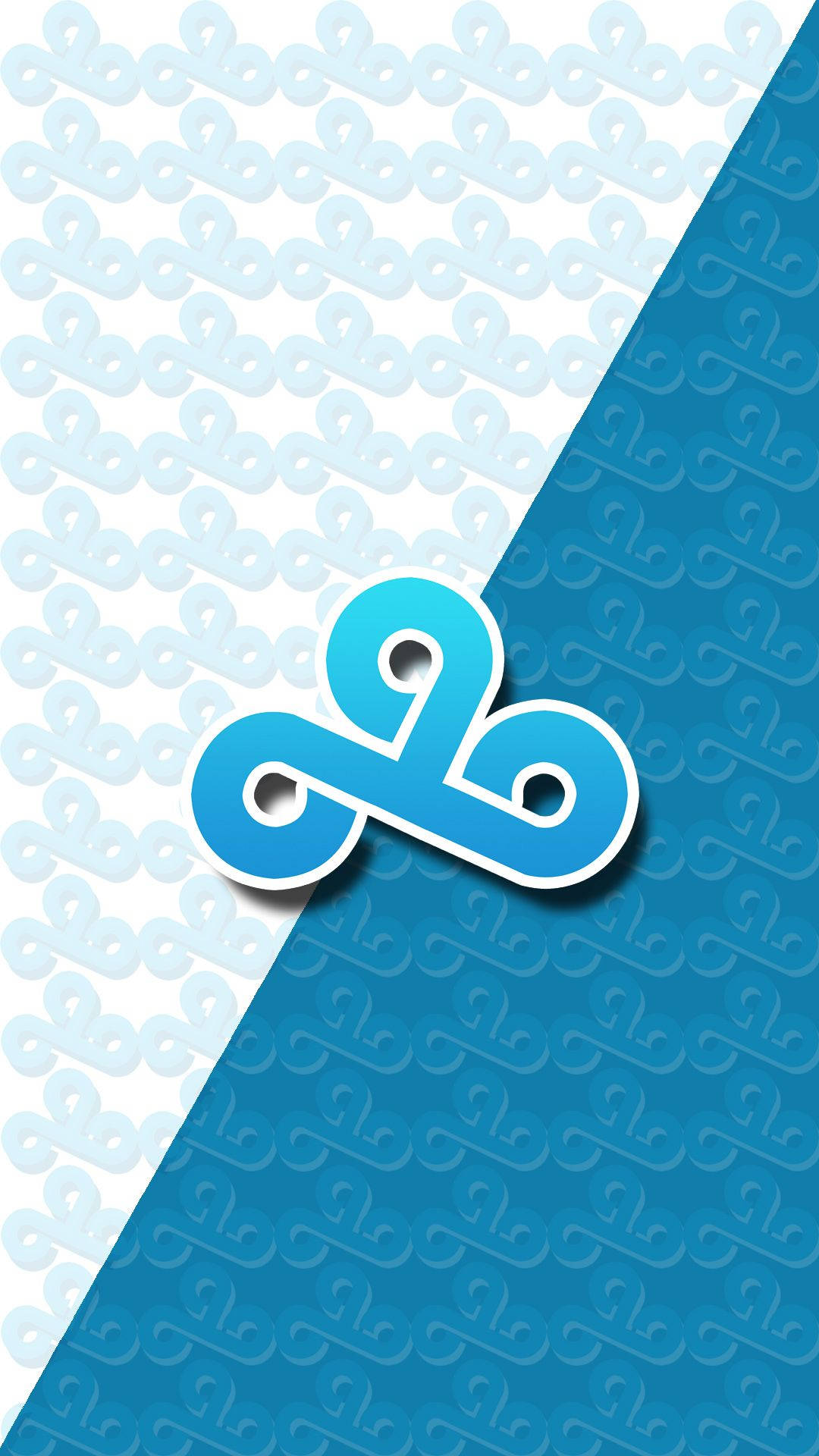 Cloud9 桌布 壁紙 — 一個帶有白色輪廓的風格化藍色標誌位於淺藍色和深藍色重複圖案背景的對角線分割處。