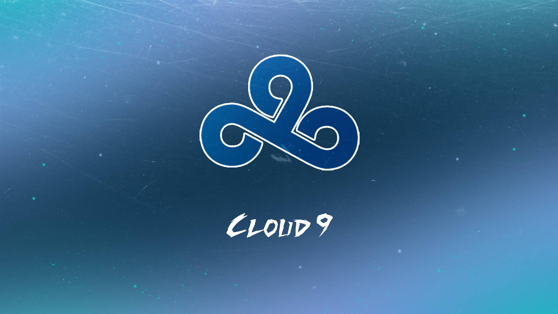 Cloud9 桌布 壁紙 — 一個帶有白色輪廓的風格化藍色雲朵標誌，漂浮在帶有細微粒子的漸變藍色背景上。