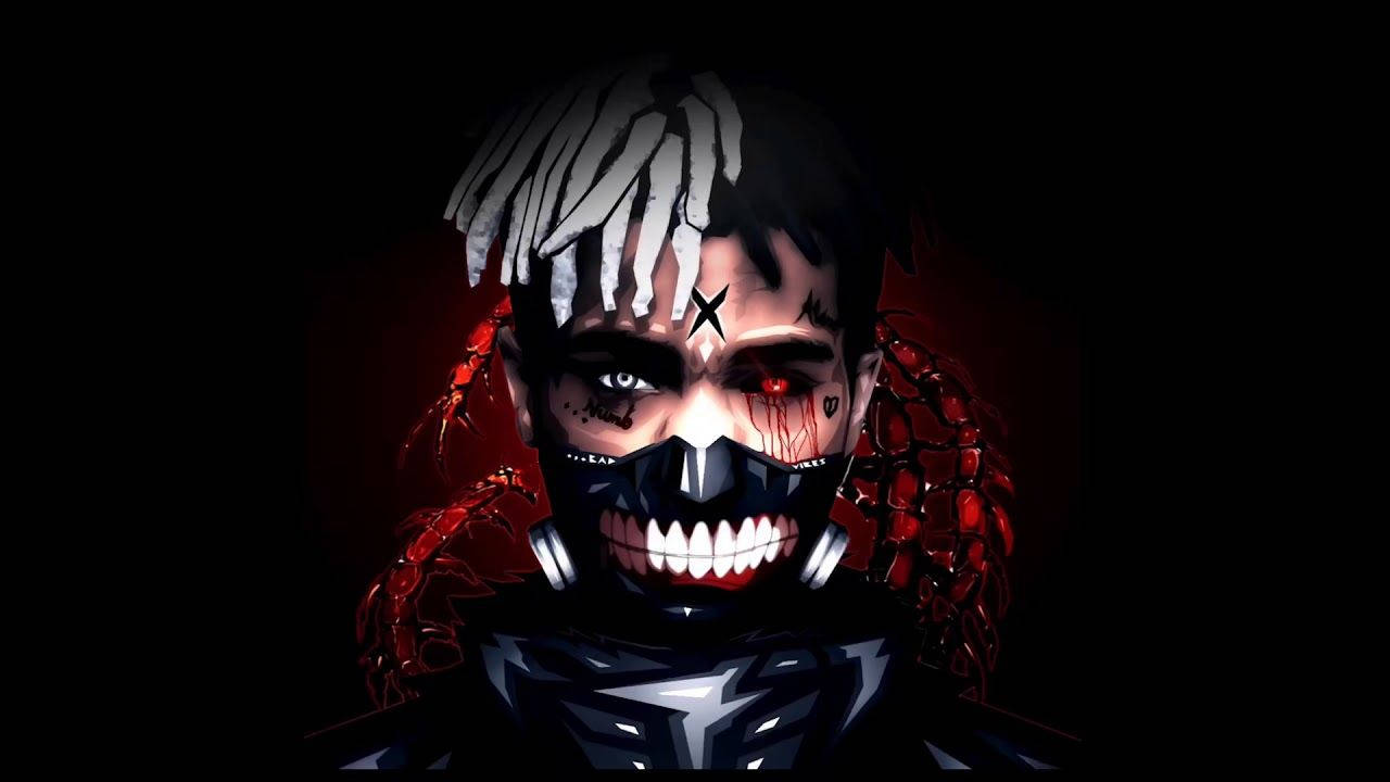 XXXTENTACION 桌布 壁紙 — 一個帶有白色辮子、紅色眼睛和黑色面具、露出尖牙的威脅性動漫角色，背景為深色。