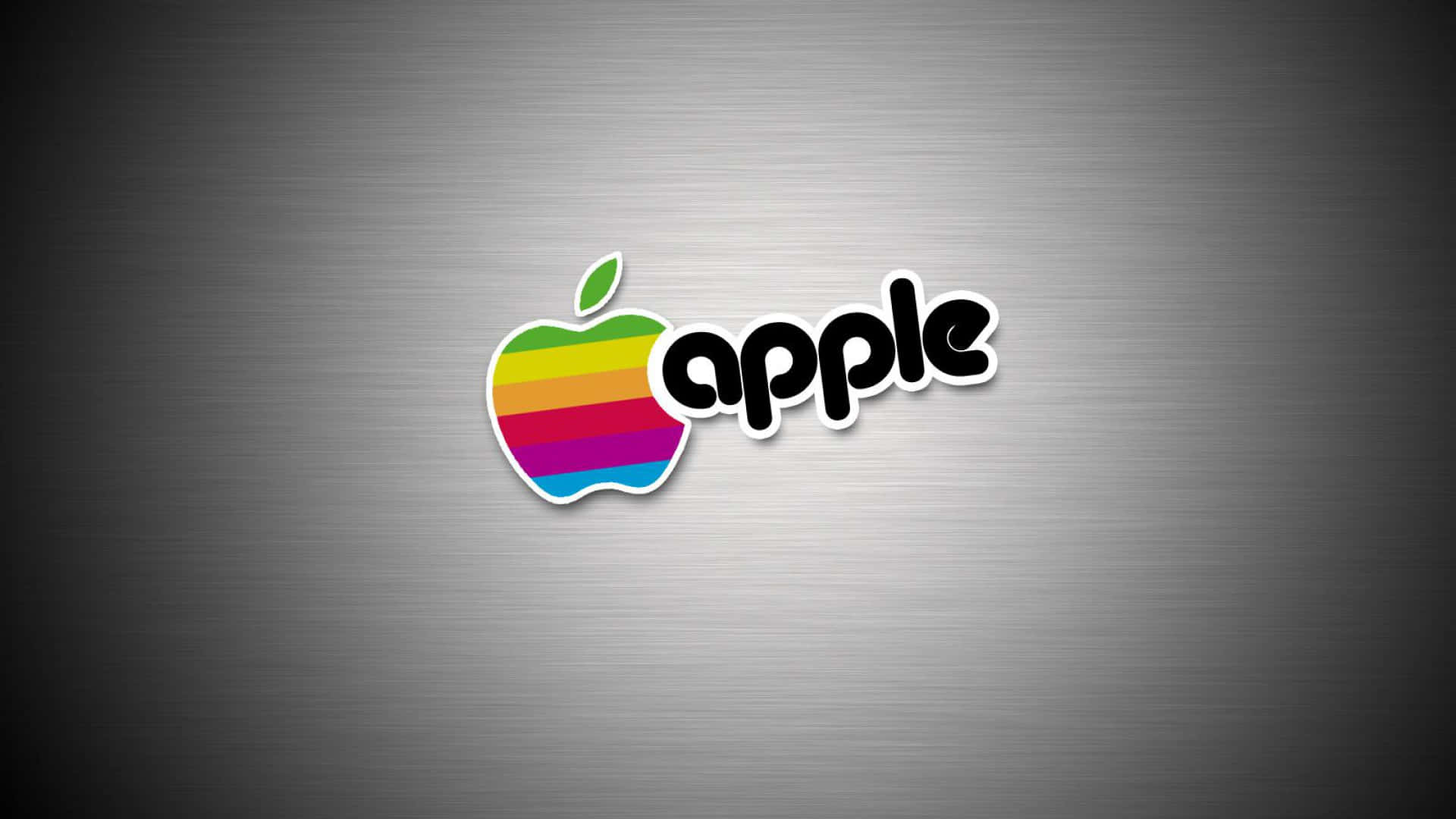 Cool Apple 桌布 壁紙 — 一個帶有白色邊框的復古彩虹Apple標誌貼紙，居中放置在拉絲金屬灰色背景上。