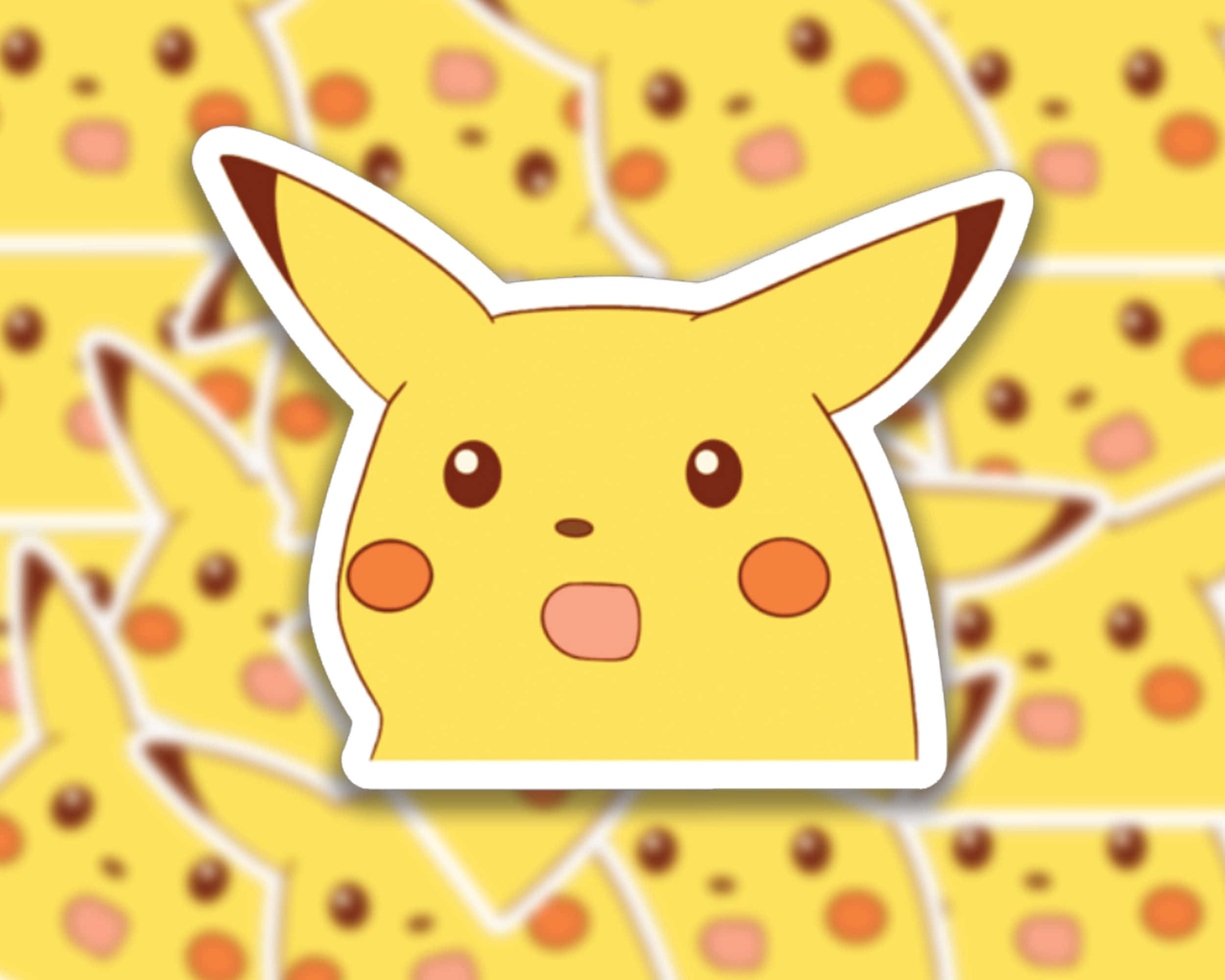 Pokemon Stickers 桌布 壁紙 — 一個帶有白色邊框的開心皮卡丘貼紙，在重複的黃色圖案背景上脫穎而出。
