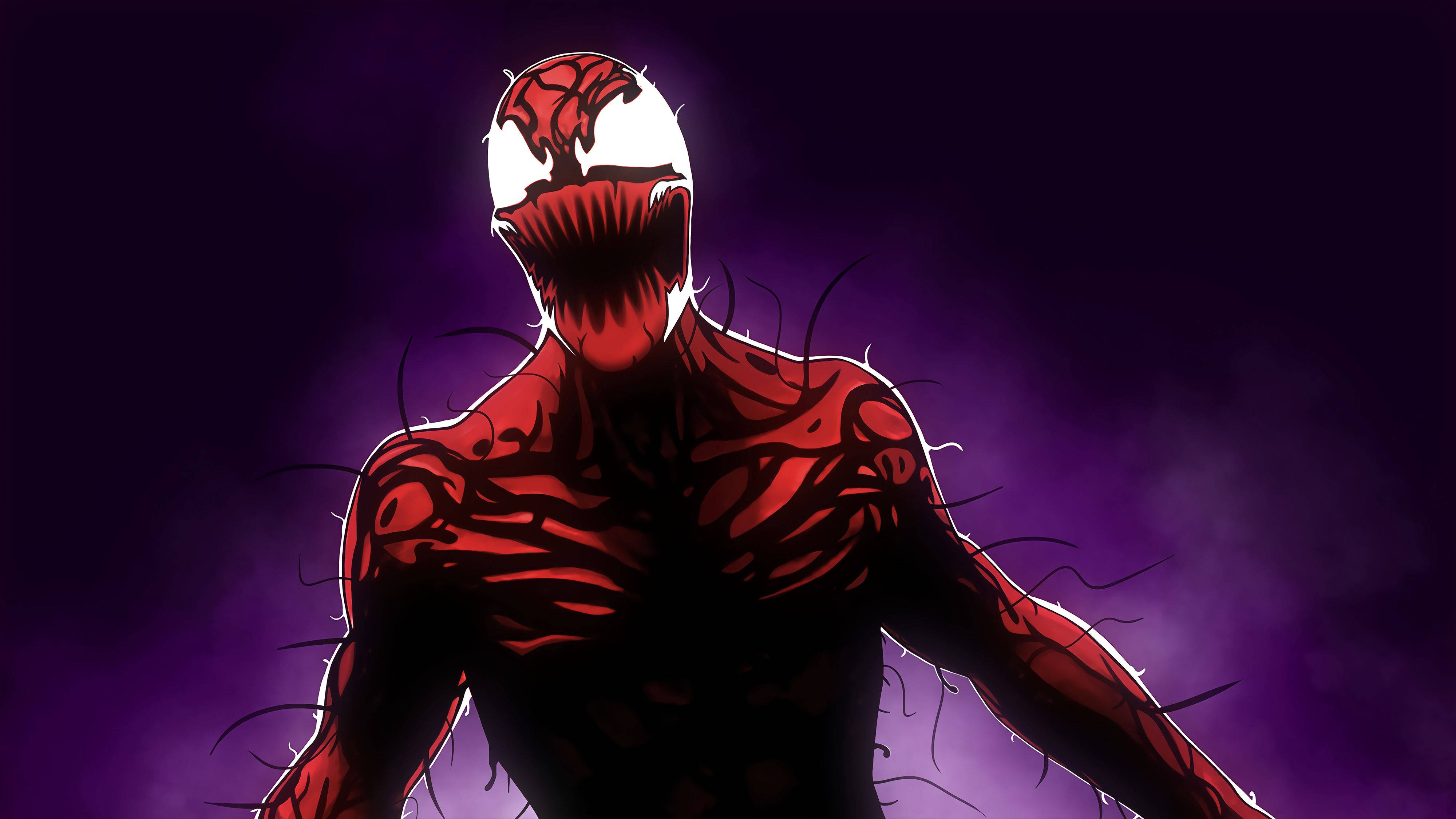 carnage 4K 桌布 壁紙 — 一個帶有白色面具和尖銳牙齒的威脅性紅色共生生物，站在深紫色背景前。