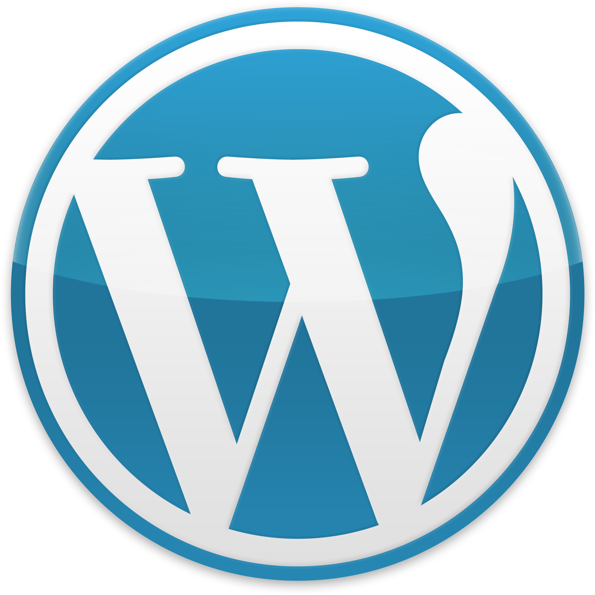 Wordpress Logo 桌布 壁紙 — 一個帶有白色風格化W的亮面藍色圓形標誌，背景為黑色。