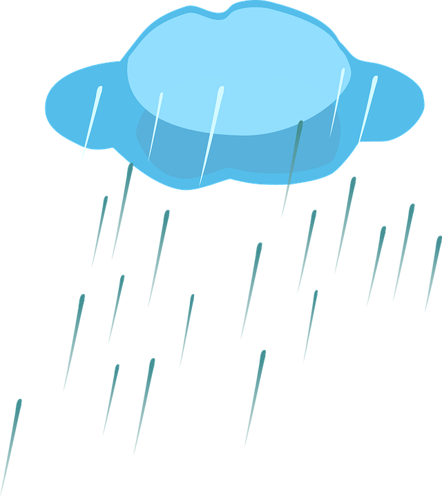 Raining 桌布 壁紙 — 一個帶有白色高光的卡通藍色雲朵，在純黑背景上傾瀉著青綠色的雨滴。