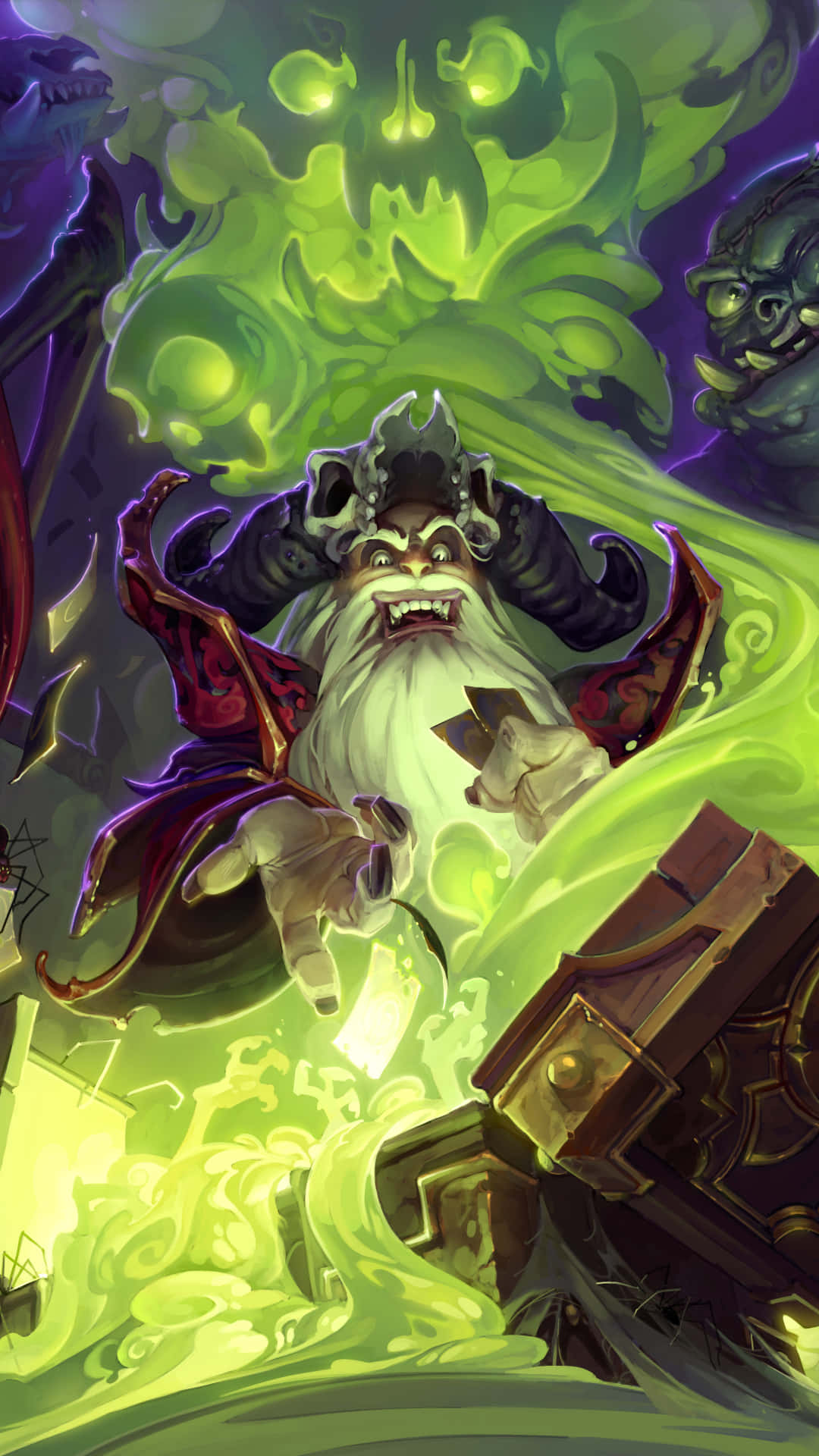 Pixel 3 Hearthstone 桌布 壁紙 — 一個帶有白色鬍鬚的威脅性角巫師，在旋轉的黑暗能量和漂浮的頭骨中引導發光的綠色魔法。