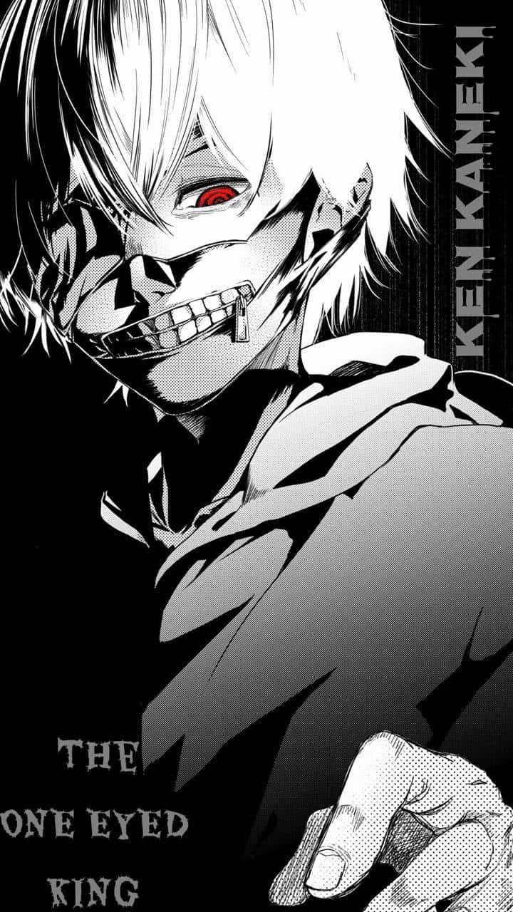 Kaneki Sad 桌布 壁紙 — 一個帶有白髮、紅眼和縫合嘴巴的威脅性動漫角色，在純黑背景下強烈凝視。